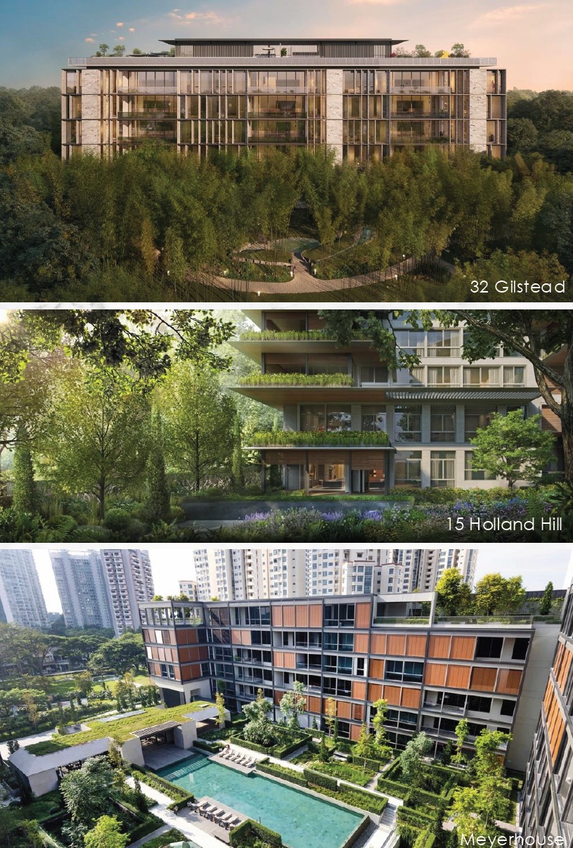 Composite image of three residential buildings in Singapore: 32 Gilstead, 15 Holland Hill, and Meyerhouse, showing architectural designs and surrounding greenery.