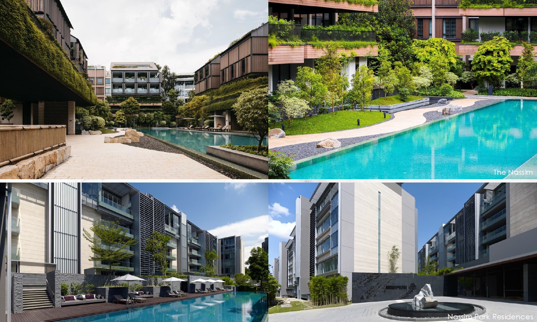 Composite image showing The Nassim with lush greenery and a pool, and Nassim Park Residences with modern architecture and a water feature.