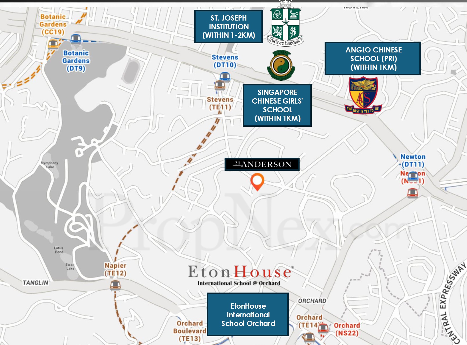 Detailed map of Singapore showing the location of "21 Anderson" with nearby schools (St. Joseph Institution, Anglo Chinese School, Singapore Chinese Girls' School, Eton House) and MRT stations (Botanic Gardens, Stevens, Napier, Orchard, Newton).