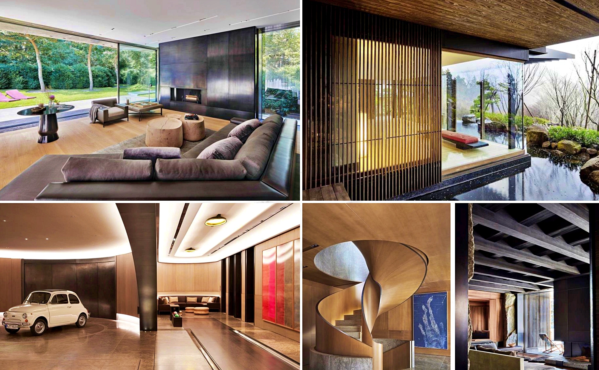 Collage of four images showing a modern living room with large windows, a wooden slatted screen, a curved hallway with a vintage car, and a spiral wooden staircase.