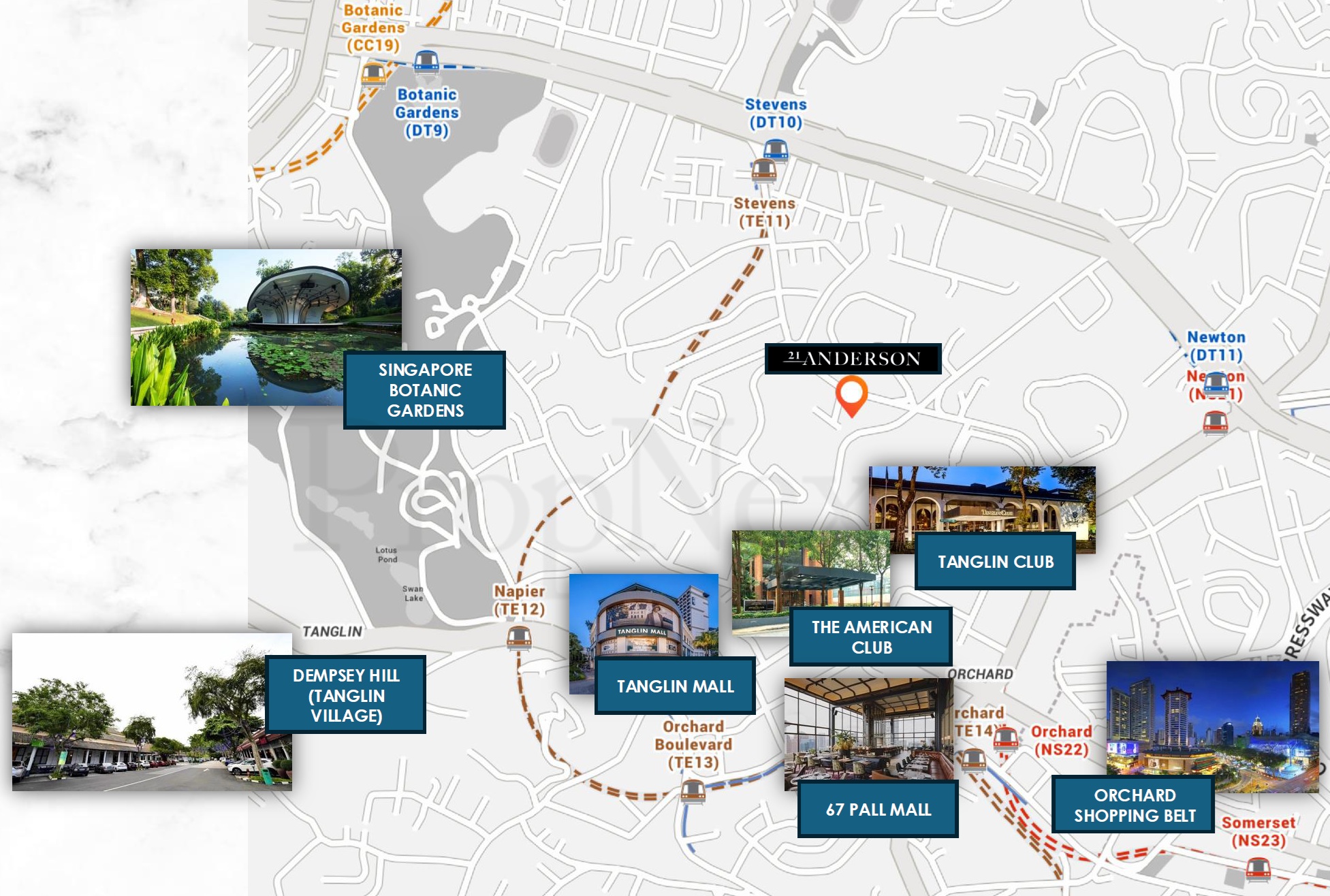Detailed map of Singapore showing the location of "21 Anderson" with inset images of nearby landmarks (Singapore Botanic Gardens, Tanglin Club, The American Club, Dempsey Hill, Tanglin Mall, 67 Pall Mall, Orchard Shopping Belt) and labels for MRT stations (Botanic Gardens, Stevens, Napier, Orchard, Newton, Somerset).