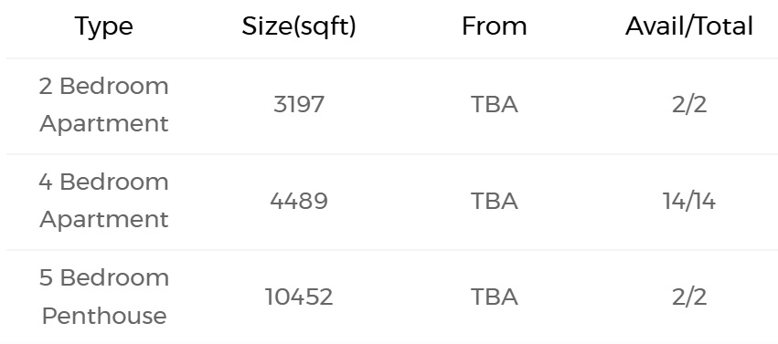 Unit mix and size table of 21 Anderson