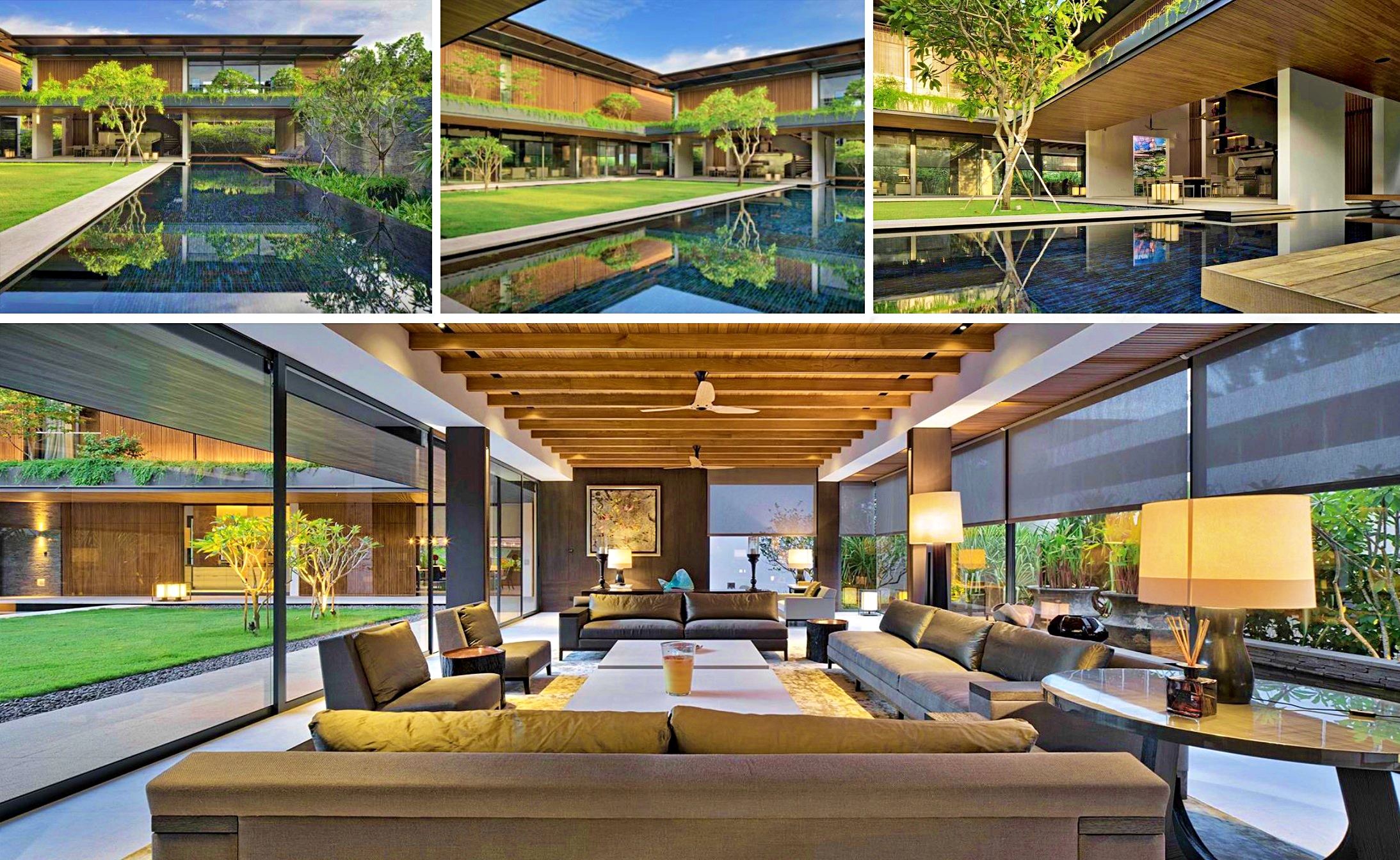 Collage of four images showing a modern residence with a central reflecting pool, lush landscaping, and a spacious living area with contemporary furniture.