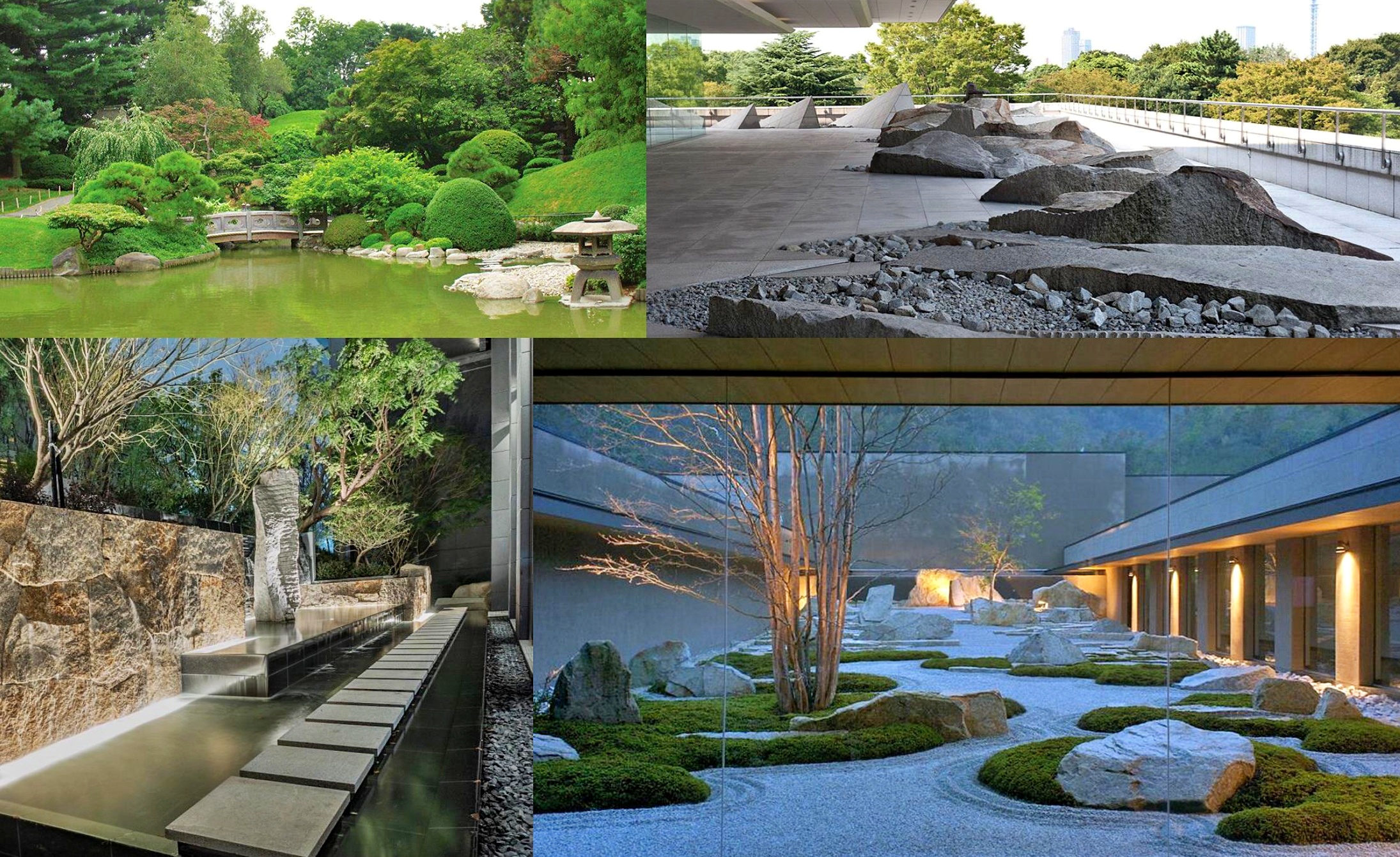 Collage of four images showing a traditional Japanese garden, a modern rock garden, a stone pathway with water feature, and a contemporary courtyard with raked gravel and rocks.
