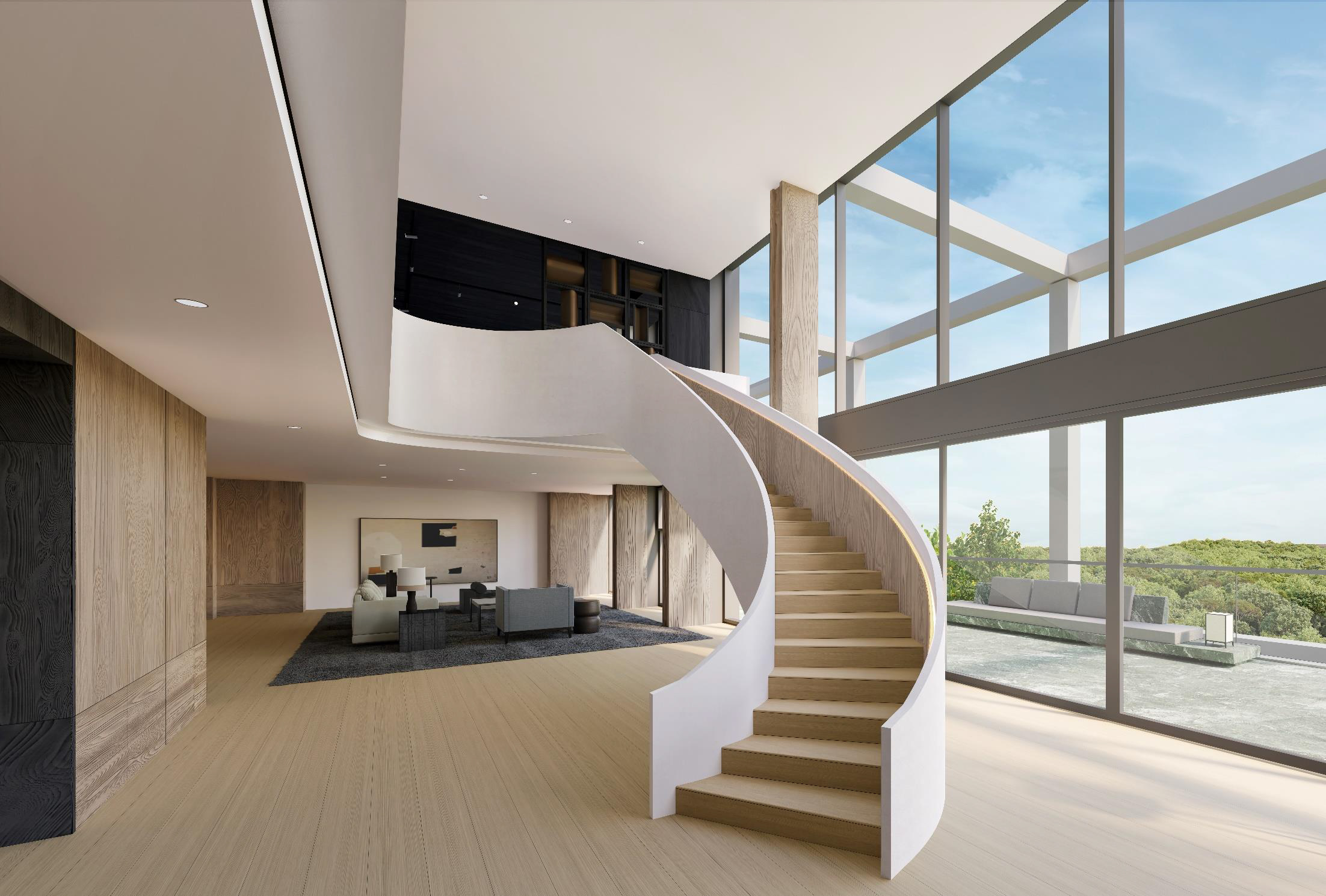 A bright and spacious modern interior with a curved, white staircase leading to a higher level. Floor-to-ceiling windows offer a panoramic view of a lush green landscape. The interior features light wood flooring, a minimalist design, and a comfortable seating area.