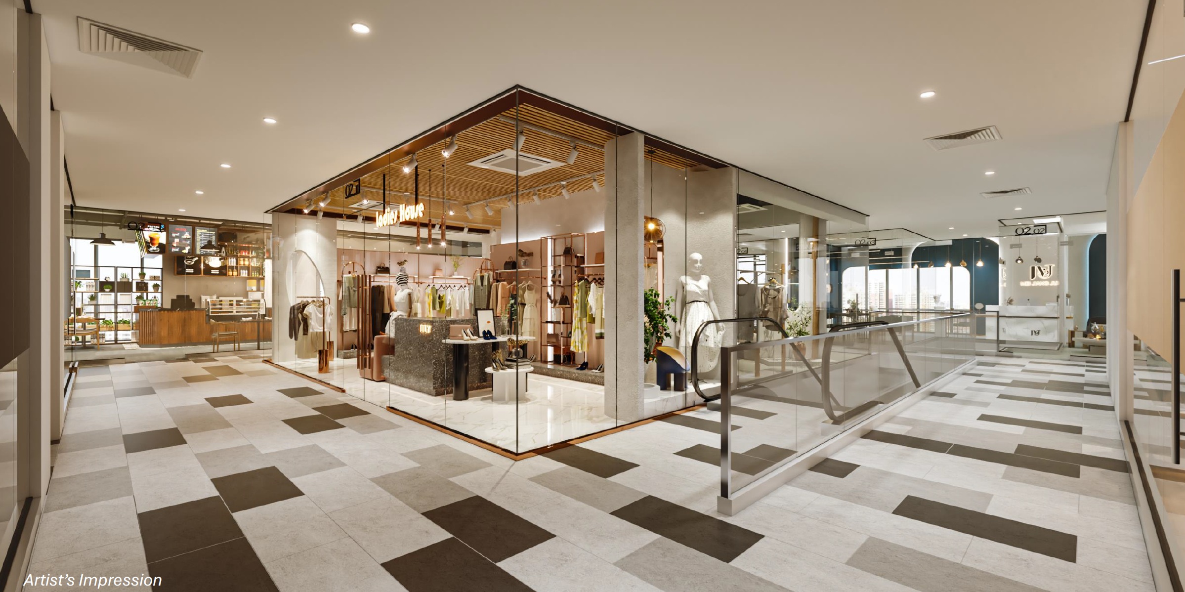 Architectural rendering of a modern retail space interior with various shop units and a central walkway.