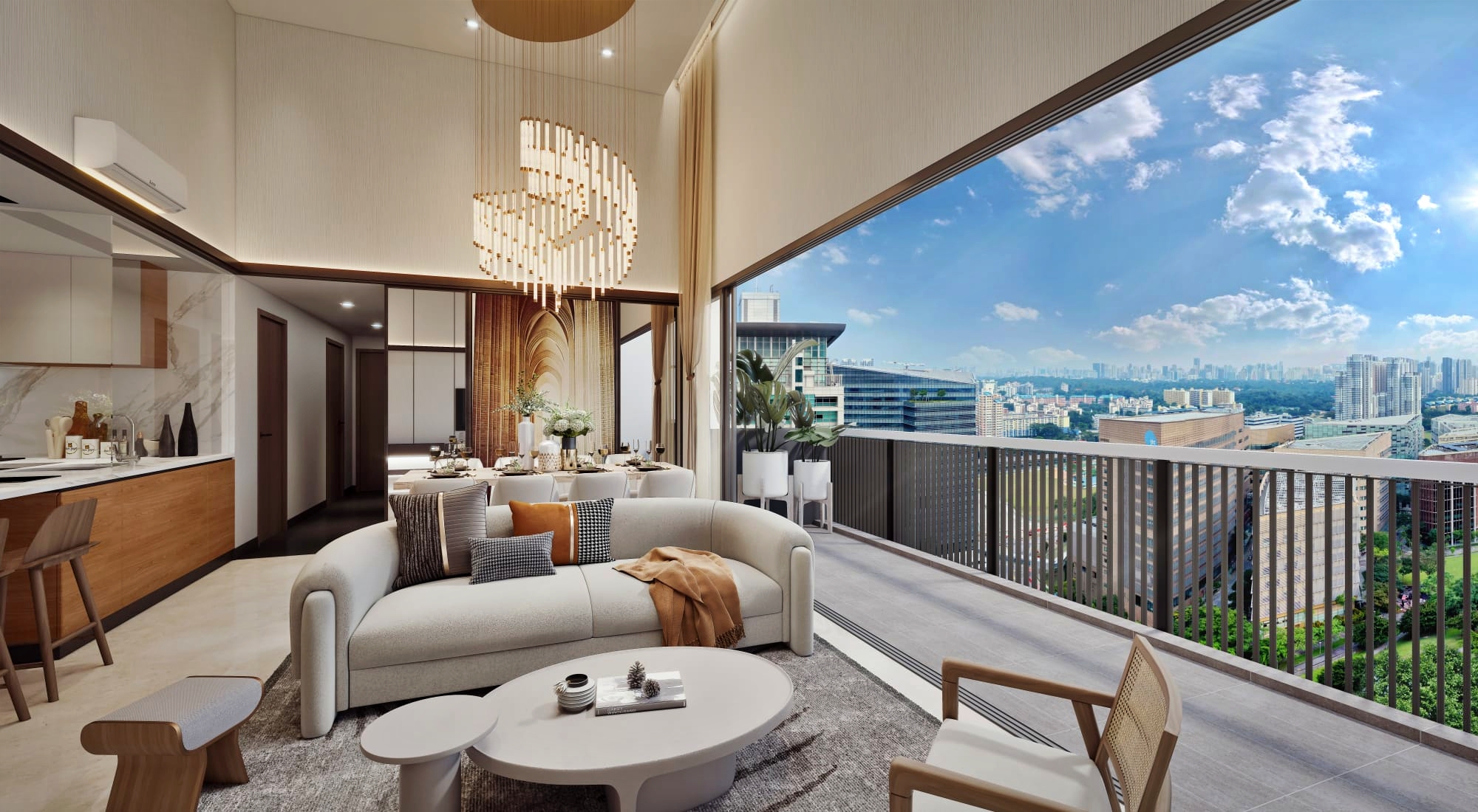 A modern living and dining area with a balcony overlooking a cityscape. The room features a white sofa, a round coffee table, a dining table with chairs, a modern chandelier, and a kitchen with built-in appliances. The balcony has glass railings and overlooks a city view with greenery.