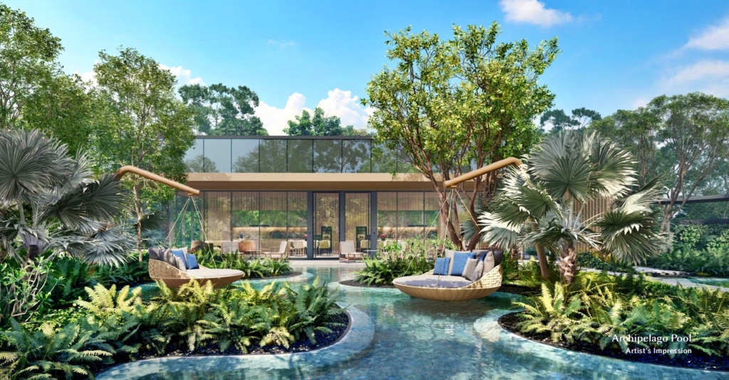 Meyer Blue (Tel:+65 87865200) condo's serene outdoor pool area with hanging lounge chairs. The pool has a unique shape and is surrounded by lush greenery. A modern building with glass doors and windows is in the background.