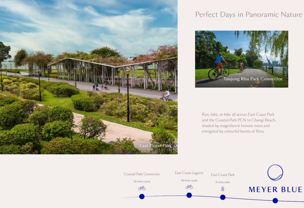 Collage-style image advertising Meyer Blue, featuring a park scene with cyclists on the left and text describing outdoor activities on the right, with a smaller inset image of a cyclist.