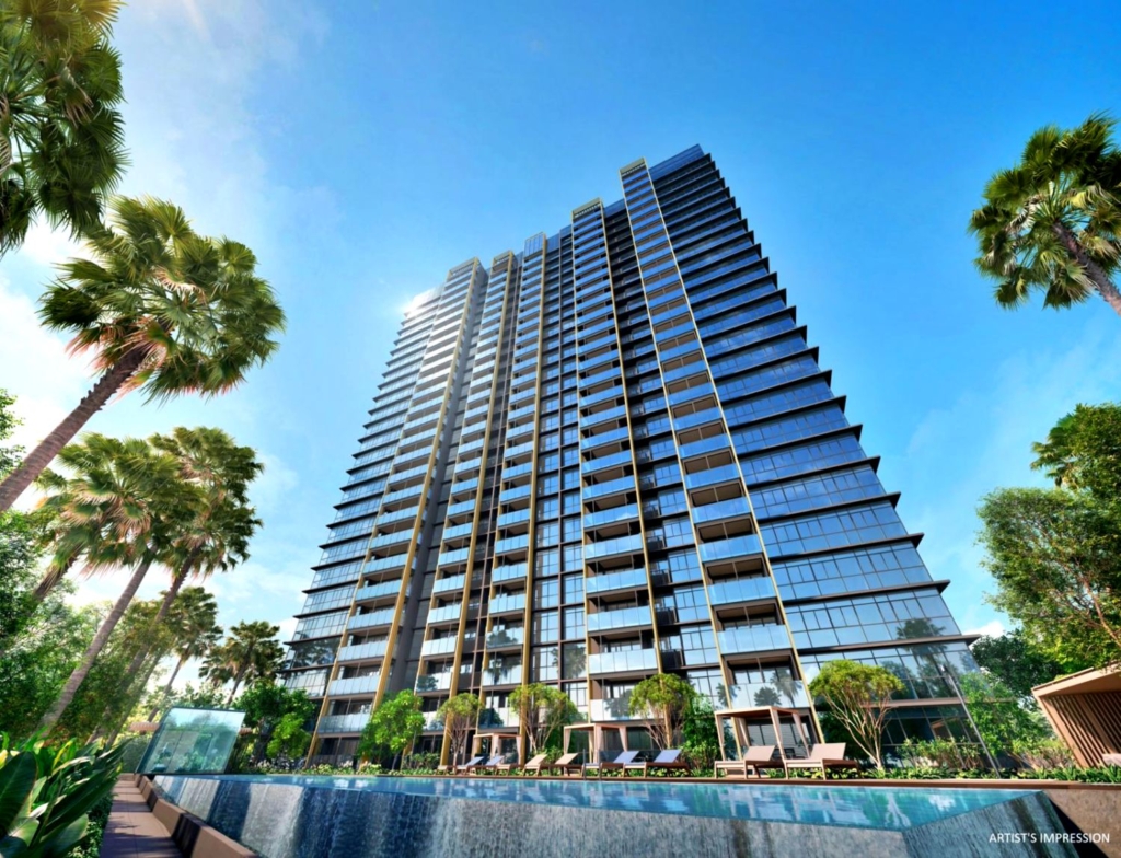 Architectural rendering of Meyer Blue (Tel:+65 87865200)condo swimming pool in the foreground. The building is tall with a geometric design and reflective glass panels, set against a bright blue sky. Palm trees are visible on either side of the building.