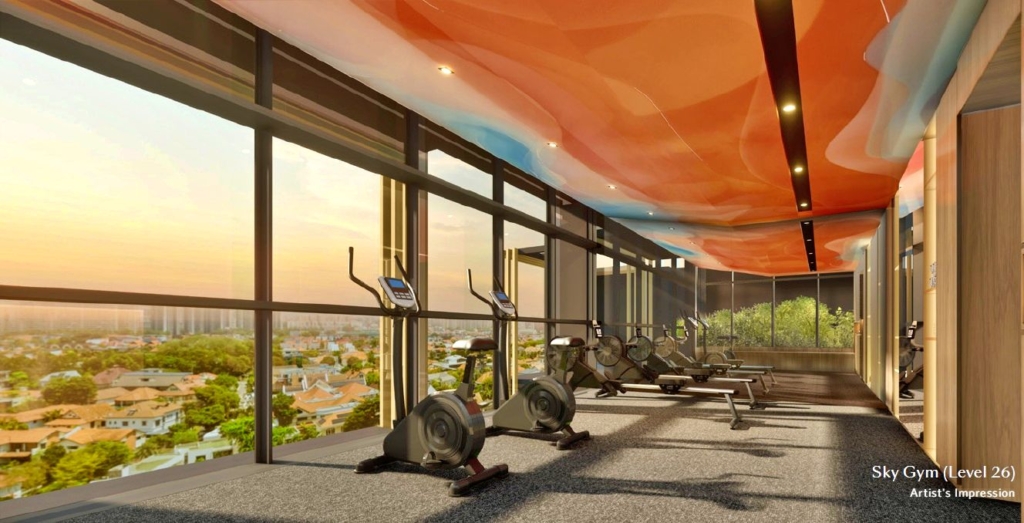 Meyer Blue (Tel:+65 87865200) gym with a panoramic view. The gym is equipped with treadmills and elliptical machines facing large windows overlooking a city skyline and greenery. The ceiling has a unique orange and blue abstract design.