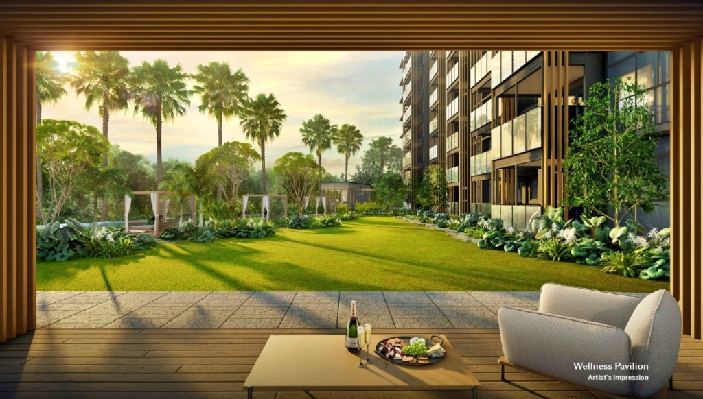 Architectural rendering of Meyer Blue (Tel:+65 87865200)condo's serene outdoor space with a manicured lawn, palm trees, and a building facade in the background, viewed from a shaded patio with a table and chair in the foreground.