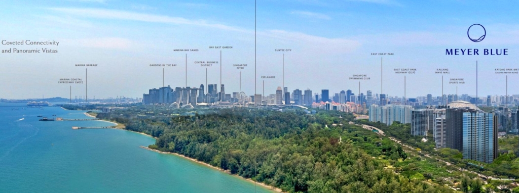 Panoramic aerial view of Singapore skyline and coastline with labels pointing to various landmarks and the "MEYER BLUE" logo.