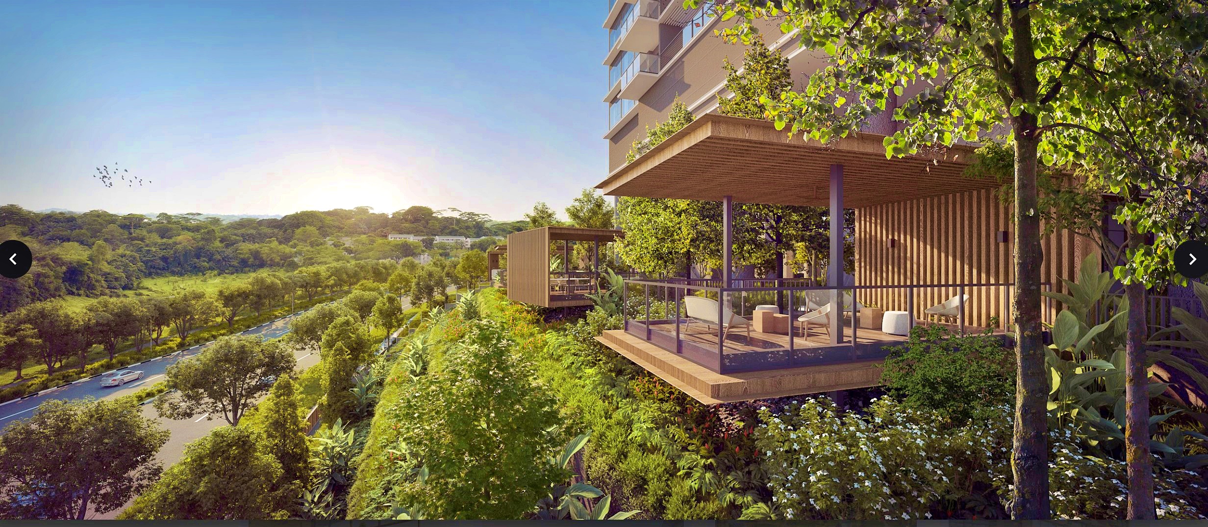 Architectural rendering of a multi-story building with wooden slat terraces, glass railings, and seating, overlooking a lush green landscape with a distant road.