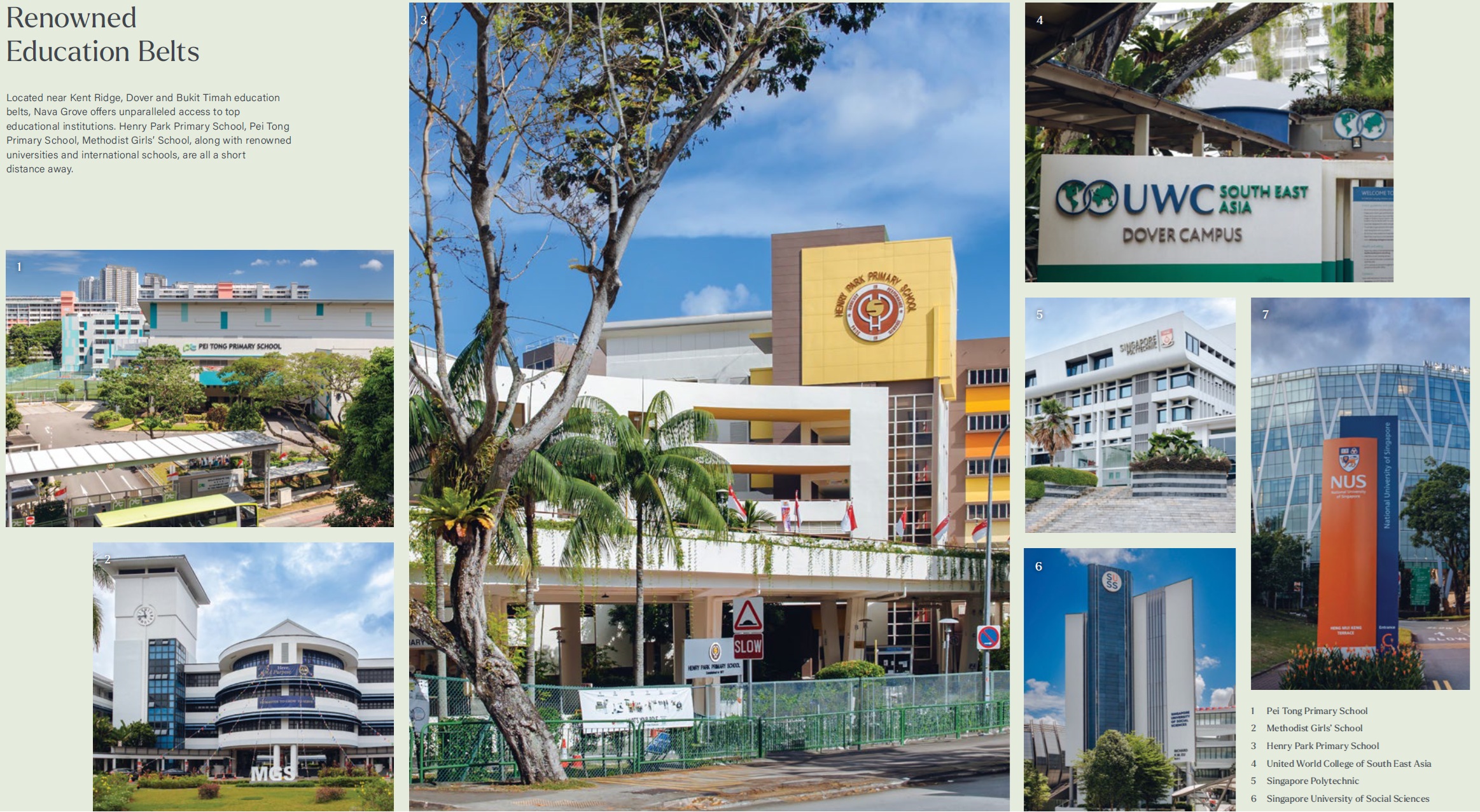 Collage featuring Henry Park Primary School, UWC South East Asia Dover Campus, NUS, and other Singapore schools, with text highlighting educational opportunities.
