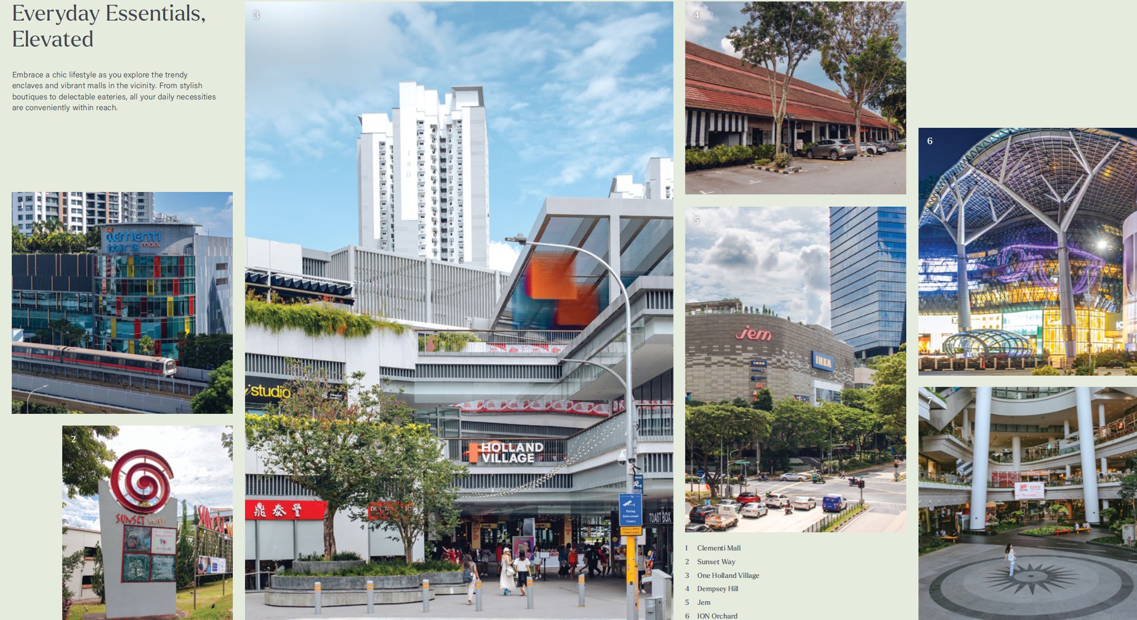 Collage featuring Jem, studio, Holland Village, and other Singapore malls, with text emphasizing convenient access to daily necessities and a chic lifestyle.