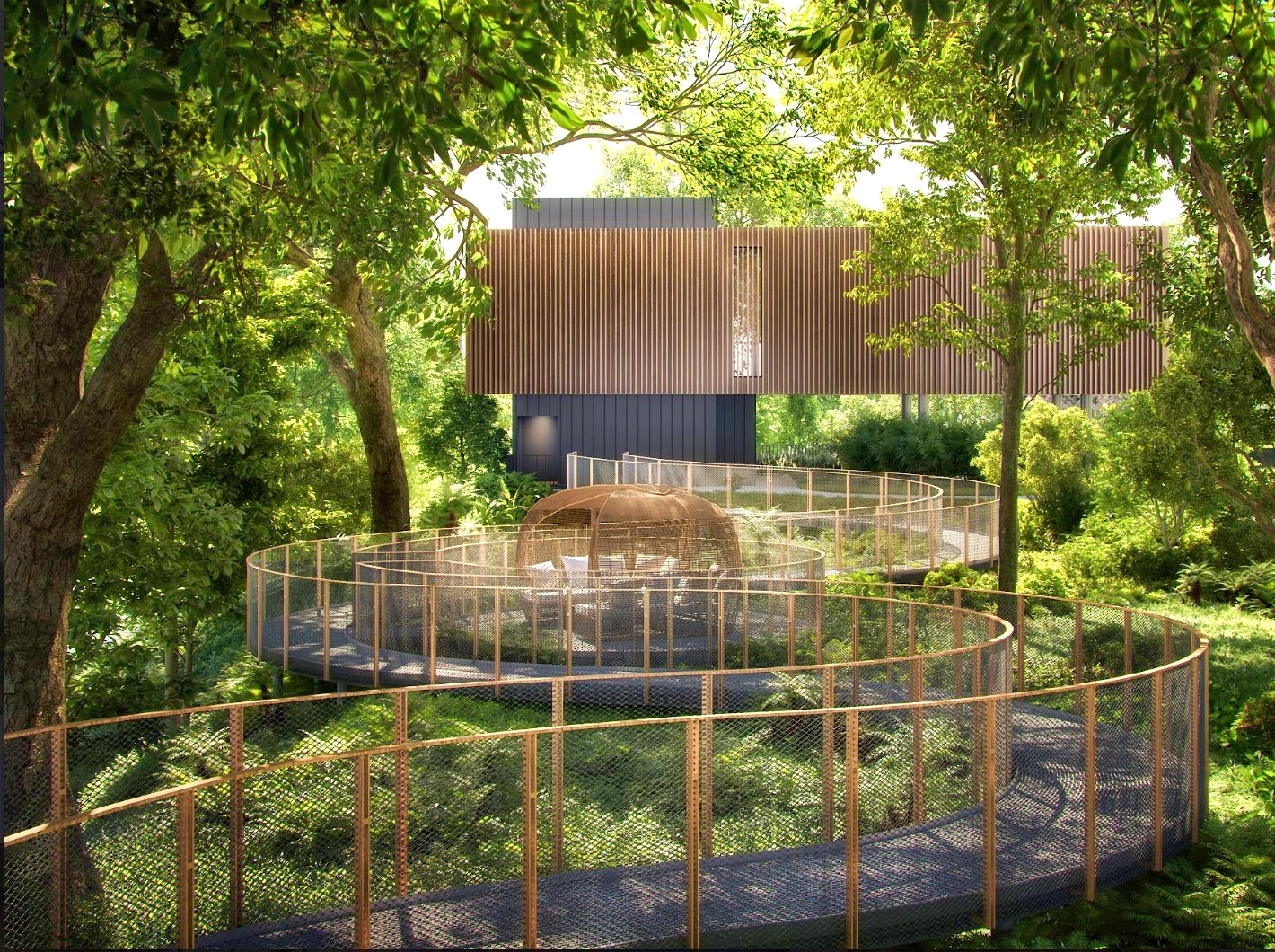 Digital rendering of a contemporary building with slatted panels, a winding mesh pathway, and a domed seating area in a dense forest.