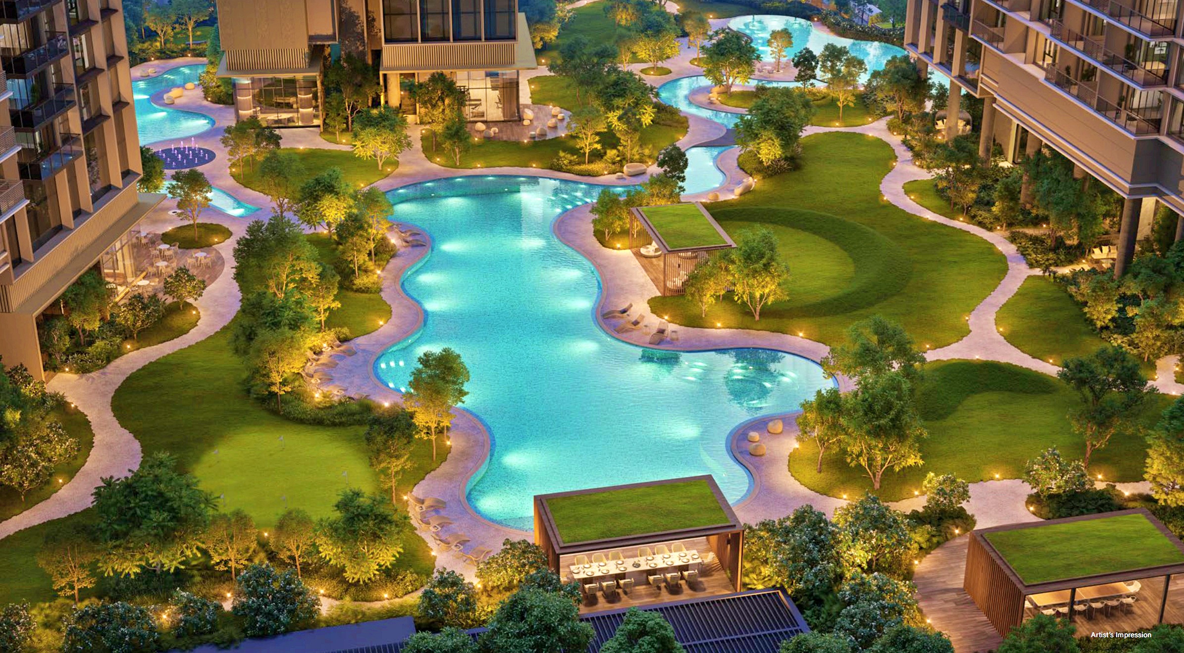 Artist's impression of a large, illuminated lagoon pool with winding pathways, trees, and partial views of residential buildings, at night.