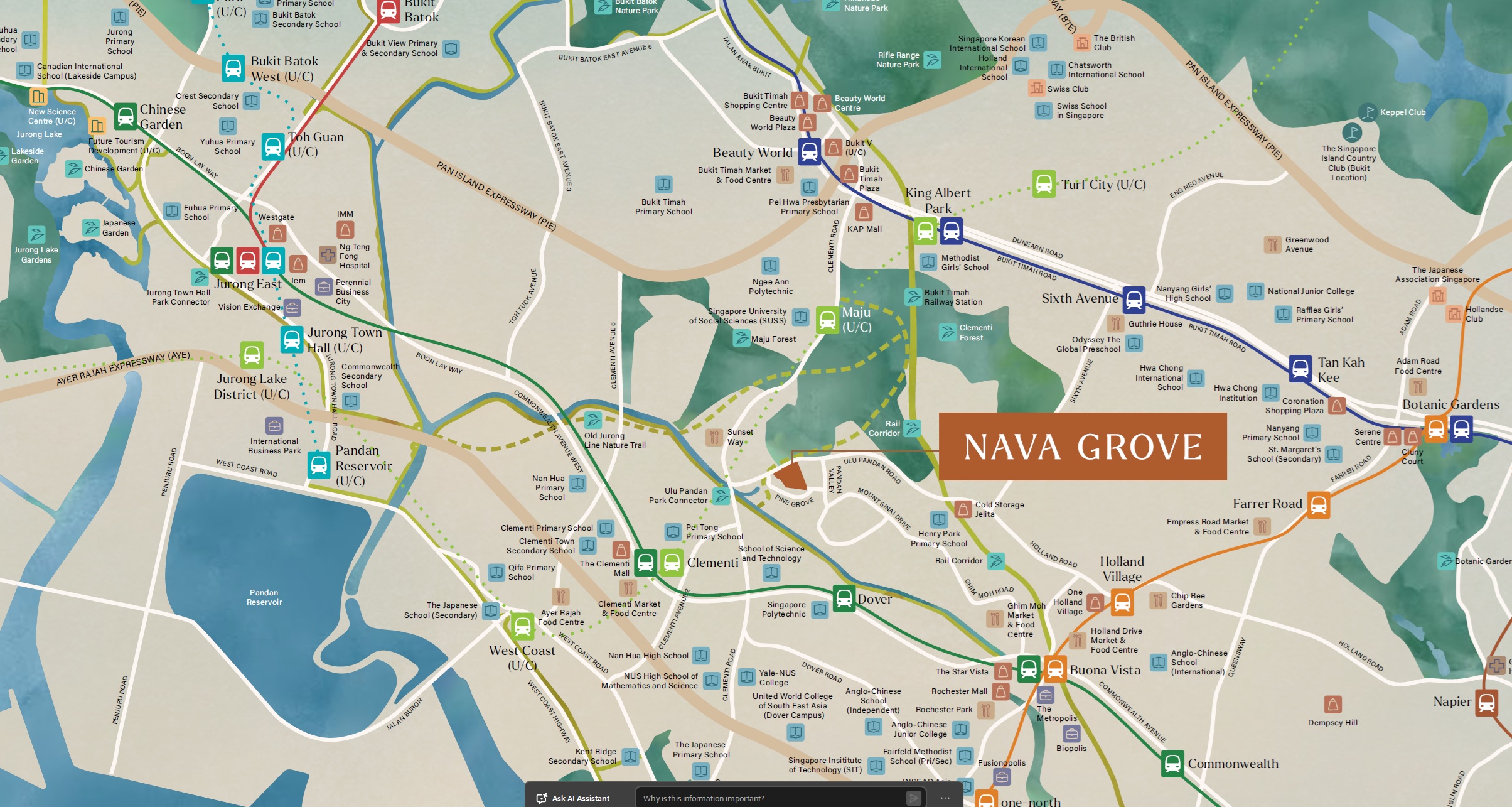 Map of Singapore with "NAVA GROVE" in a brown box, displaying MRT lines, reservoirs, parks, and other landmarks like Jurong Lake Gardens and Botanic Gardens.