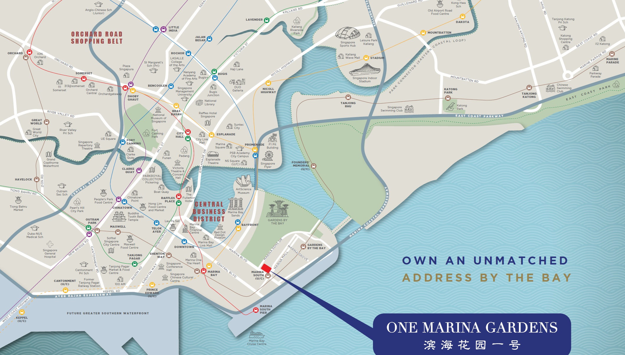 A location map highlighting One Marina Gardens, situated near Marina Bay and Gardens by the Bay, with proximity to Singapore’s Central Business District, MRT stations, and major landmarks.