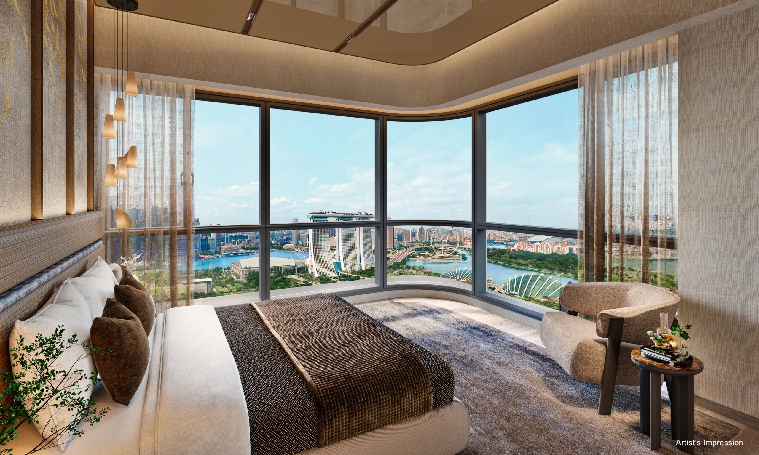 Artist's impression of a modern bedroom with a panoramic view of Singapore's Marina Bay. The room features a large bed, a curved floor-to-ceiling window, and a neutral color palette. The cityscape outside the window includes Marina Bay Sands and the surrounding gardens.