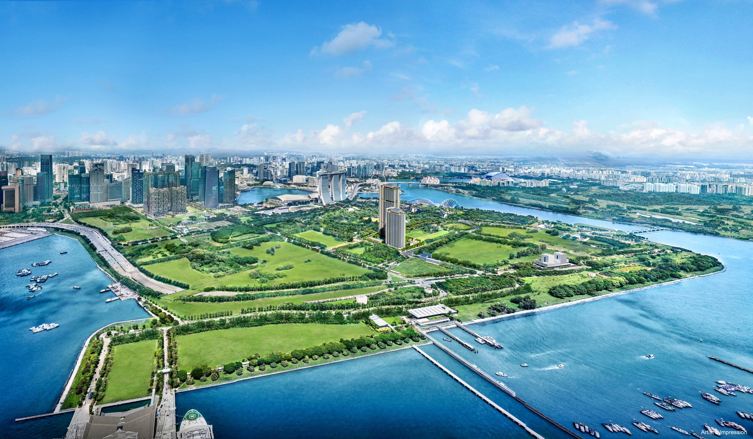 Aerial view of One Marina Gardens, a luxury waterfront condominium situated amidst greenery, with Marina Bay Sands, the Central Business District, and Singapore’s skyline in the background.