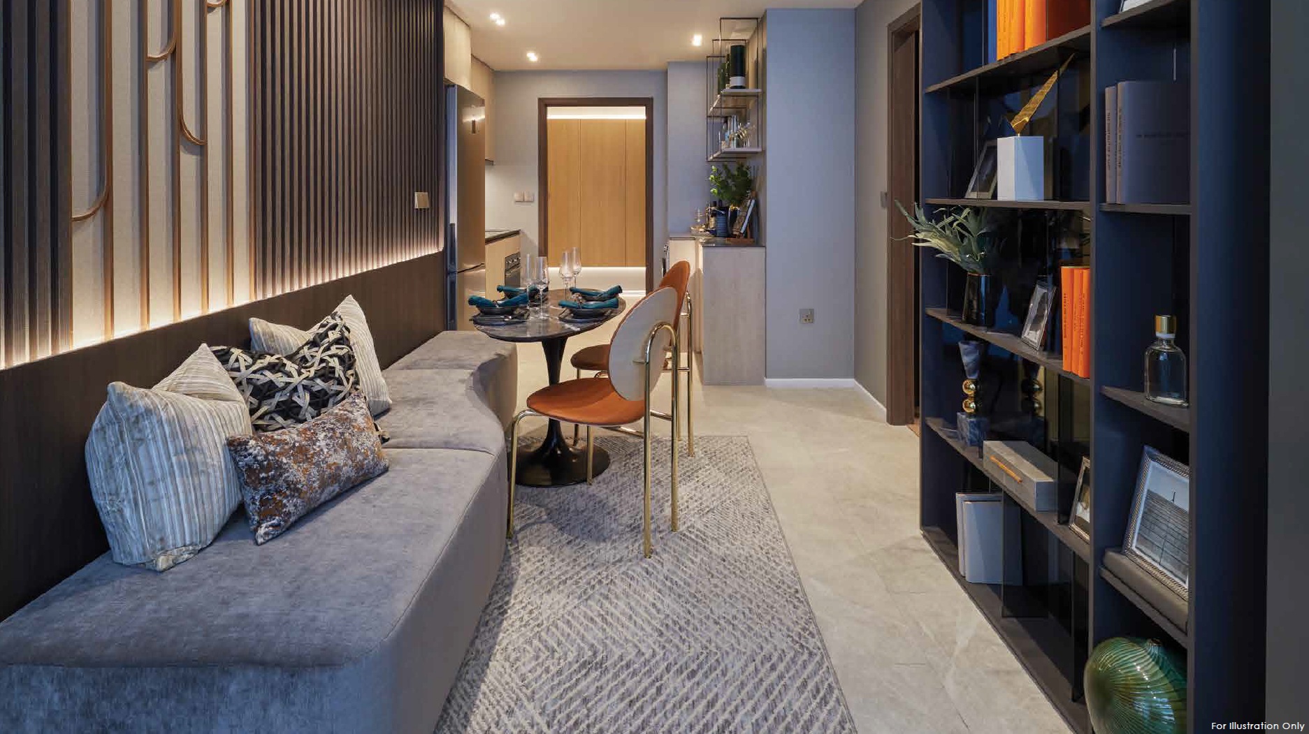Interior design rendering of a narrow living space with a built-in sofa, small dining area, and bookshelf, featuring a mix of textures and warm lighting.