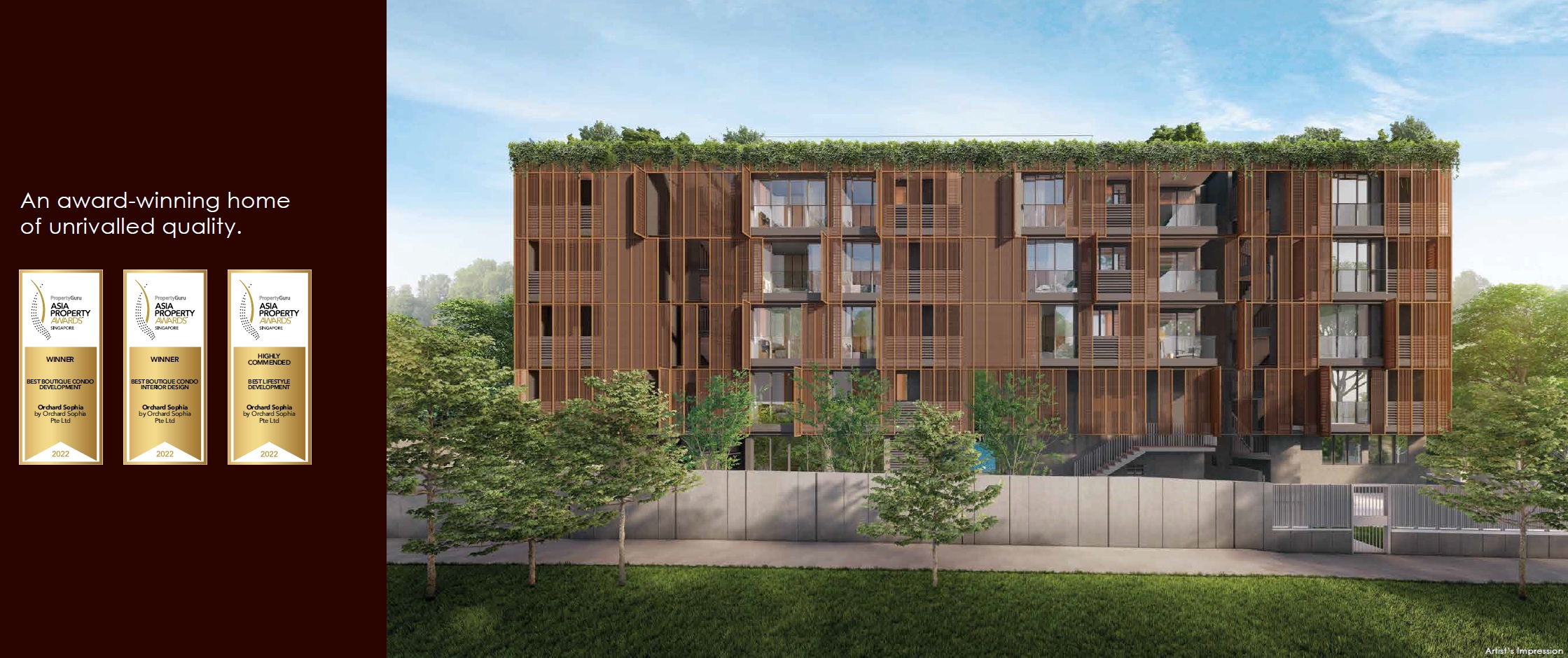 Architectural rendering of a modern, multi-story residential building with a slatted wooden facade, surrounded by trees and a low wall, accompanied by text and award logos.