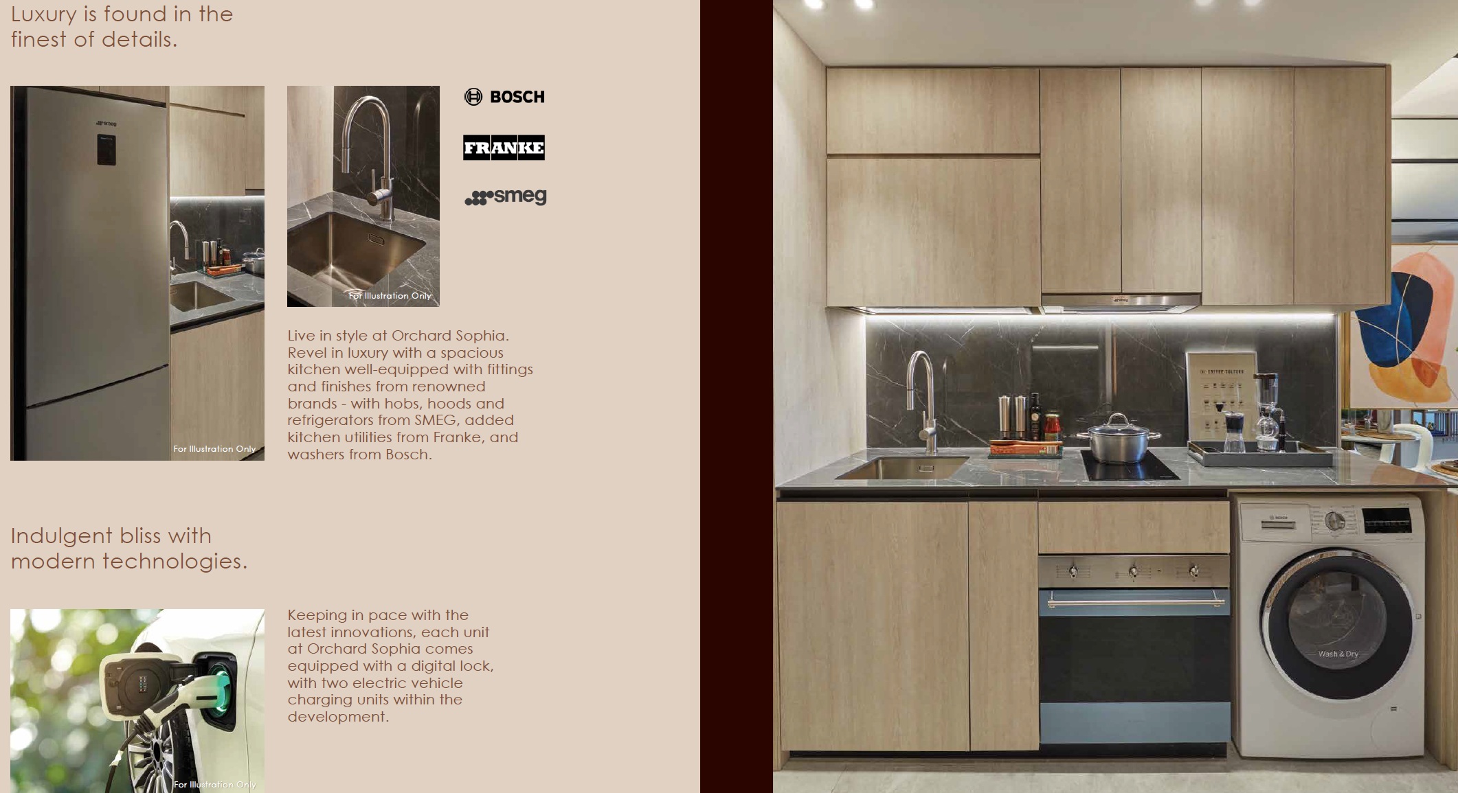 Collage of kitchen and technology images showcasing luxury fittings and modern amenities at Orchard Sophia, including Bosch, Franke, and Smeg appliances, digital locks, and electric vehicle charging units.
