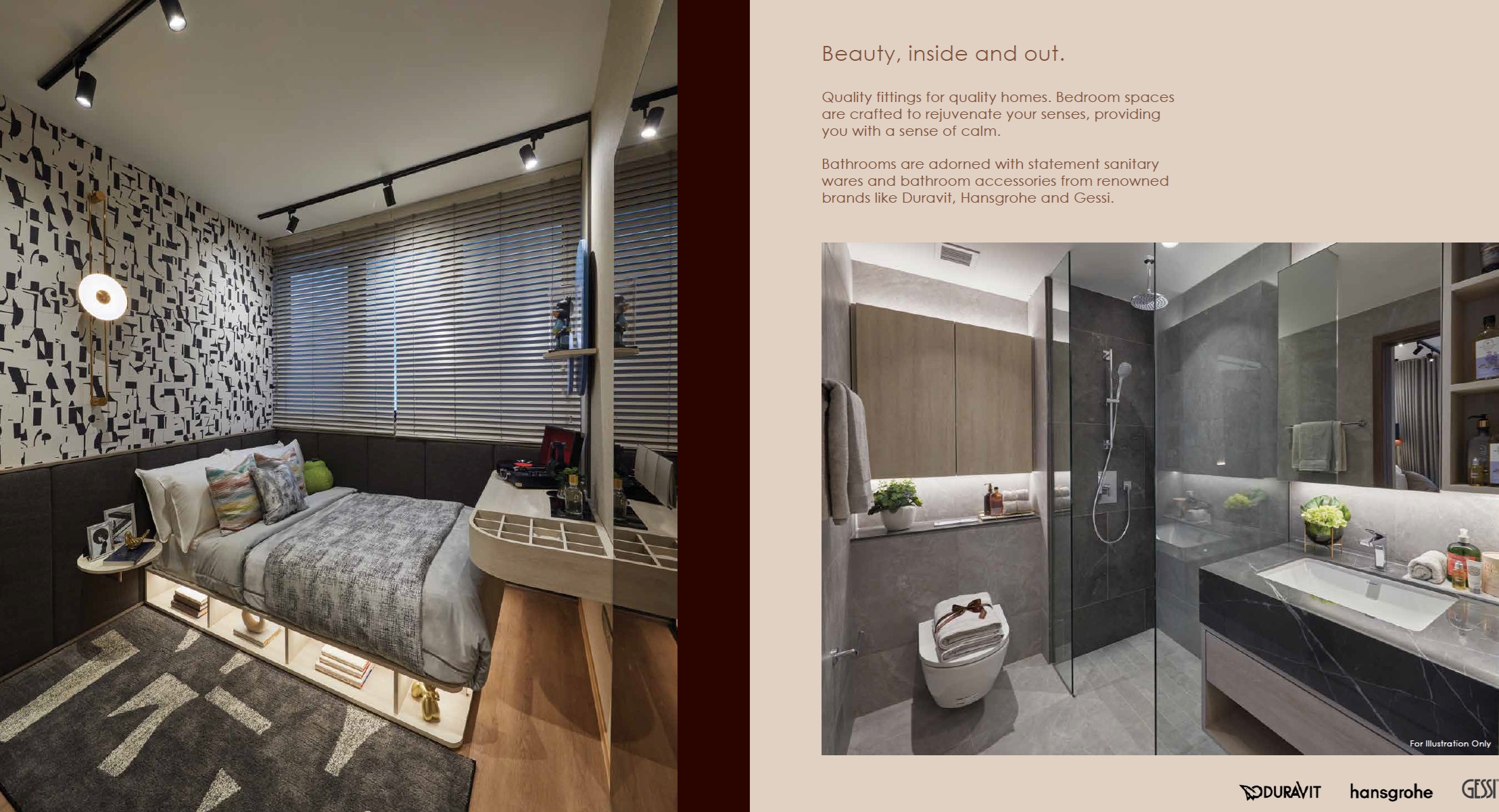Collage of interior design images showcasing a bedroom and bathroom, accompanied by text highlighting the quality fittings and finishes of Orchard Sophia.