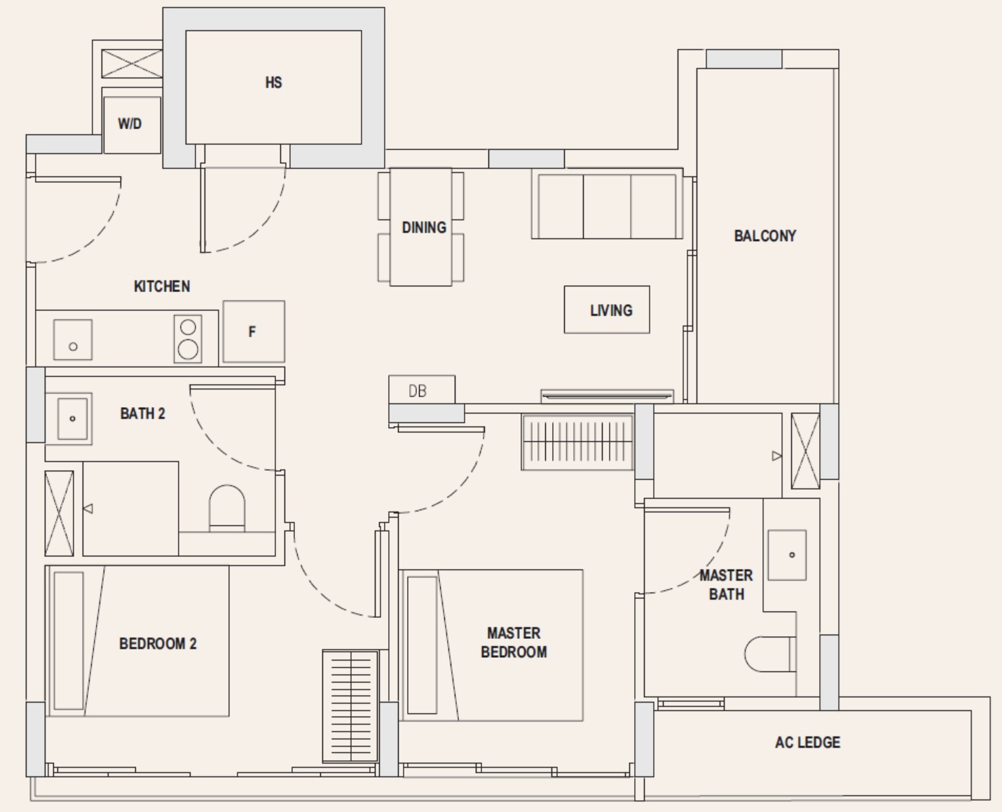 Floor plan of an apartment layout with labeled rooms, including a master bedroom with ensuite, a second bedroom, two bathrooms, a kitchen, a living area, a dining area, and a balcony.