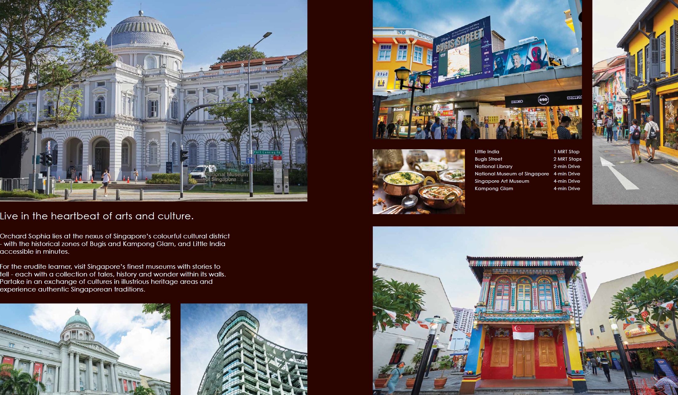 Collage of images showcasing cultural and historical sites in Singapore, including the National Museum of Singapore, Bugis Street, and traditional shophouses, accompanied by text highlighting the cultural richness of the area.