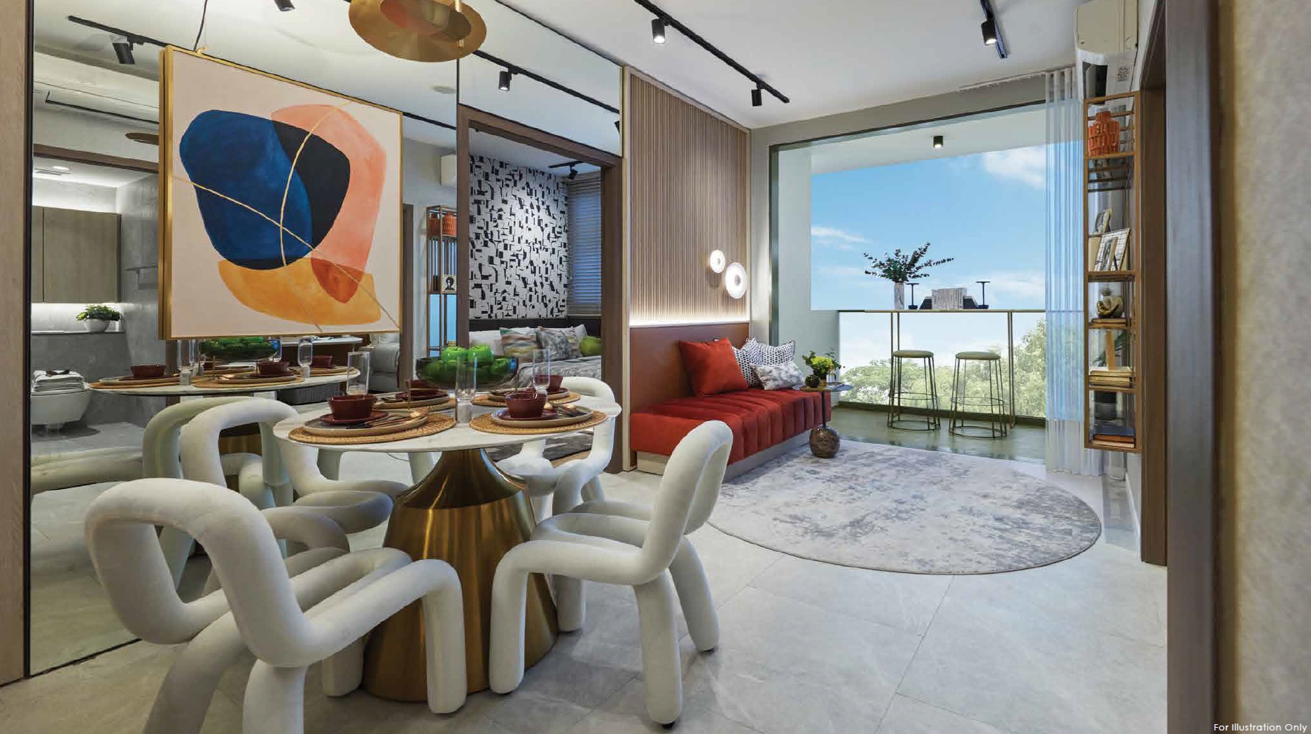 Interior design rendering of a modern living room with a dining area, featuring a unique art piece, contemporary furniture, and a balcony with outdoor seating.