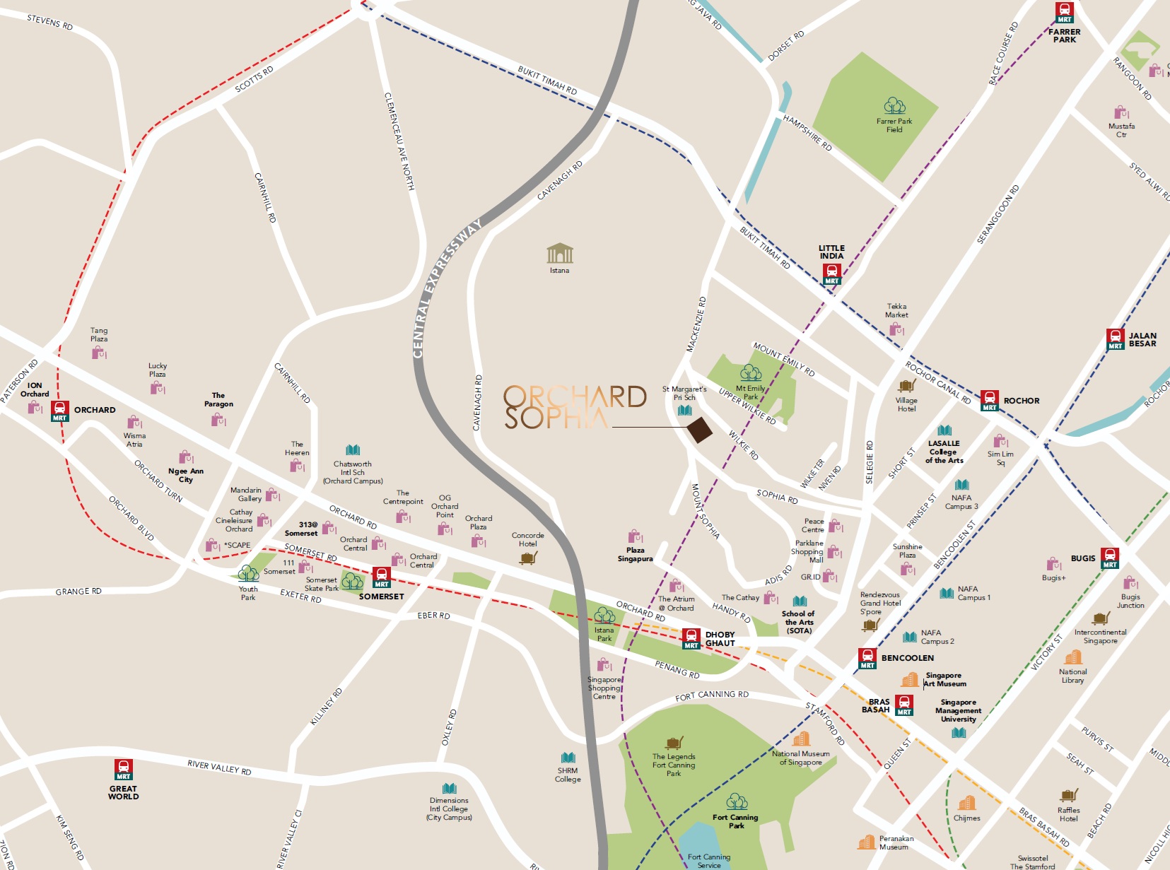 A detailed map of Singapore, focusing on the Orchard and Sophia areas, with key landmarks, roads, and MRT stations highlighted.
