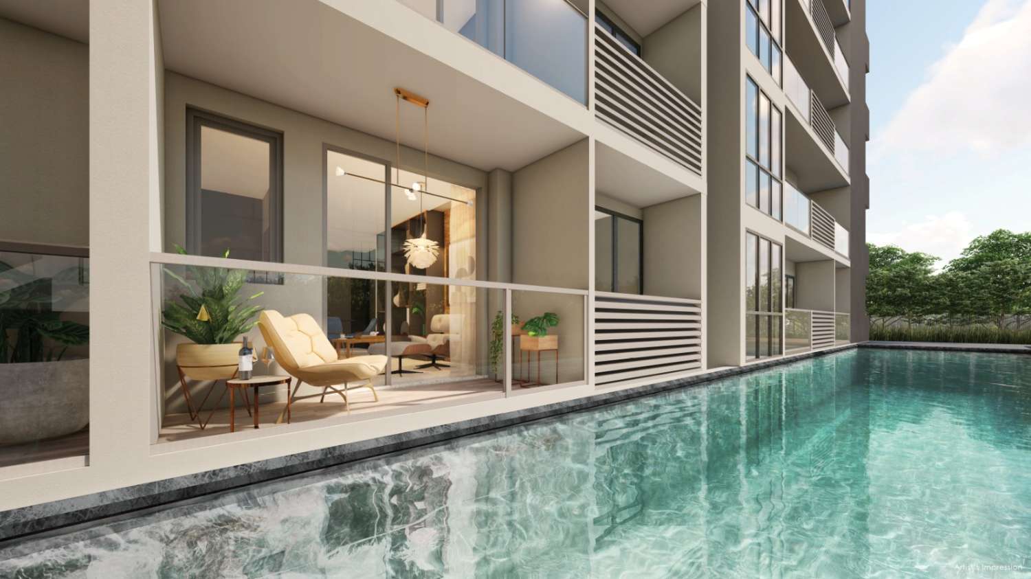 Architectural rendering of a modern apartment building exterior with balconies overlooking a swimming pool, showcasing outdoor furniture and design elements.