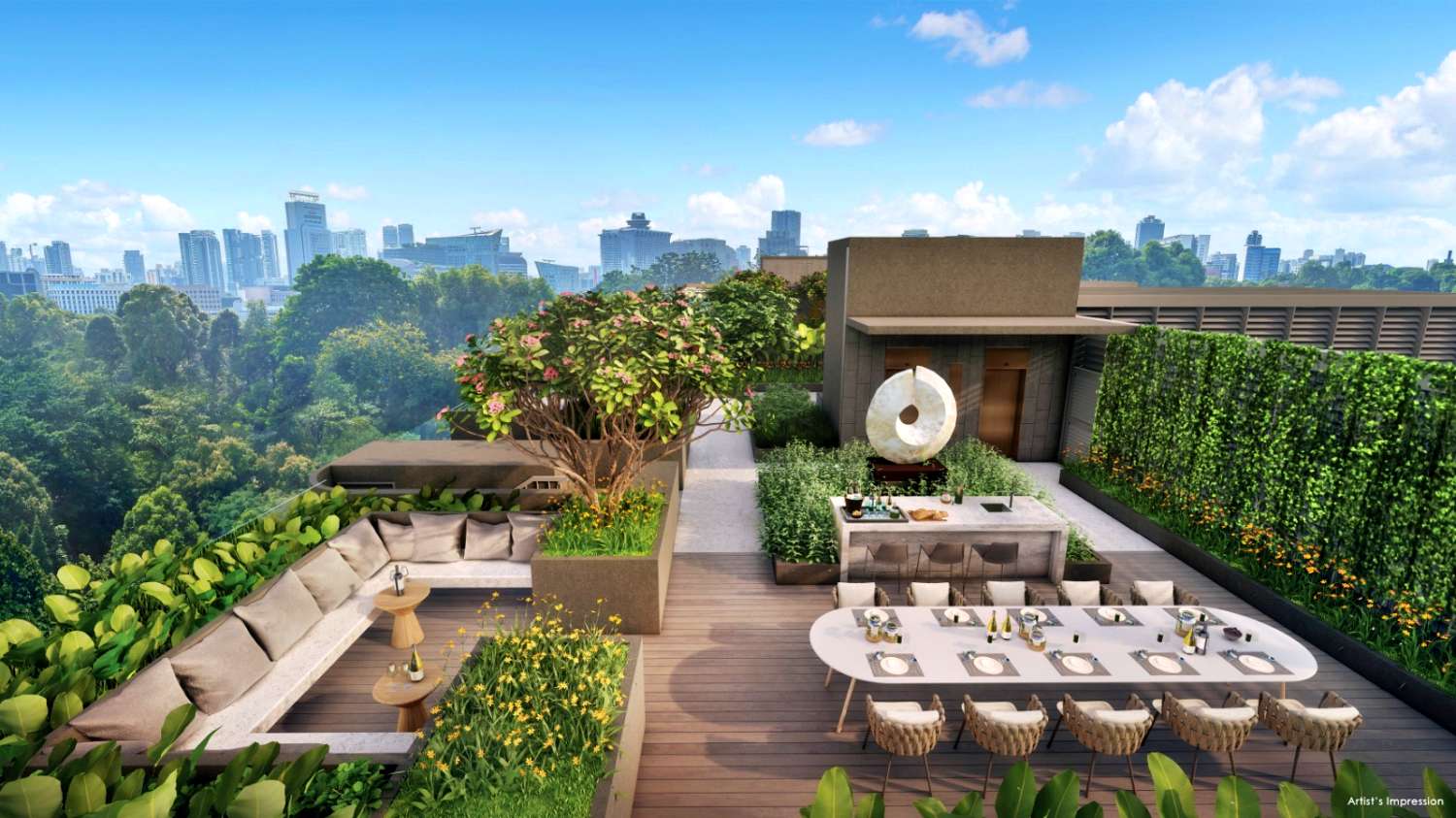 Architectural rendering of a rooftop garden with outdoor dining and seating areas, lush greenery, and a panoramic city view.