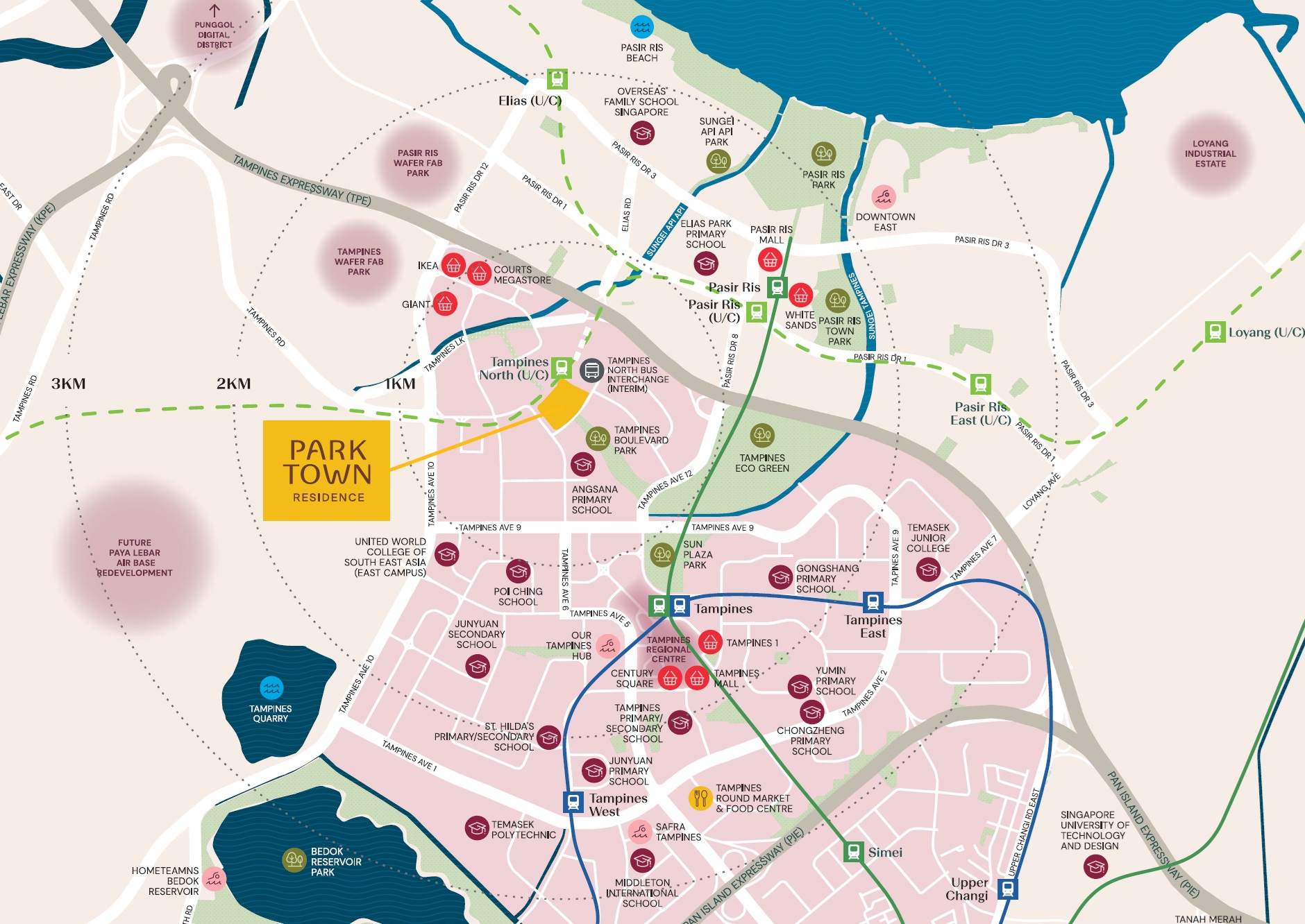 A map of Tampines, Singapore, highlighting the location of Park Town Residence with a yellow square and text label, surrounded by various landmarks, roads, and parks. The map includes distance markers and is oriented with north at the top.