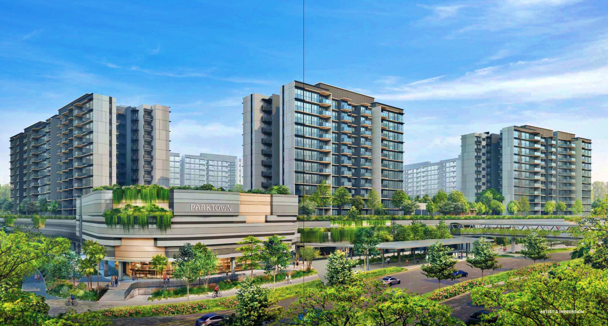 An architectural rendering of Parktown Residence, featuring multiple mid-rise buildings with a mix of light and dark facades, surrounded by lush greenery and a curved commercial building at the forefront. The sky is bright blue with scattered clouds.