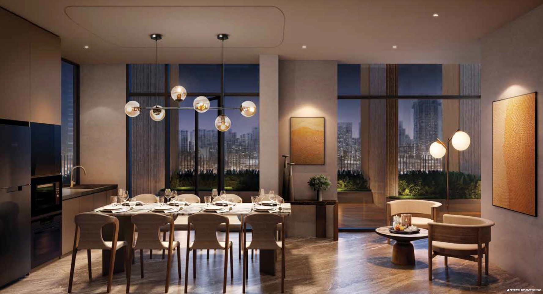 Artist's impression of a modern dining and living space with a city view at night.