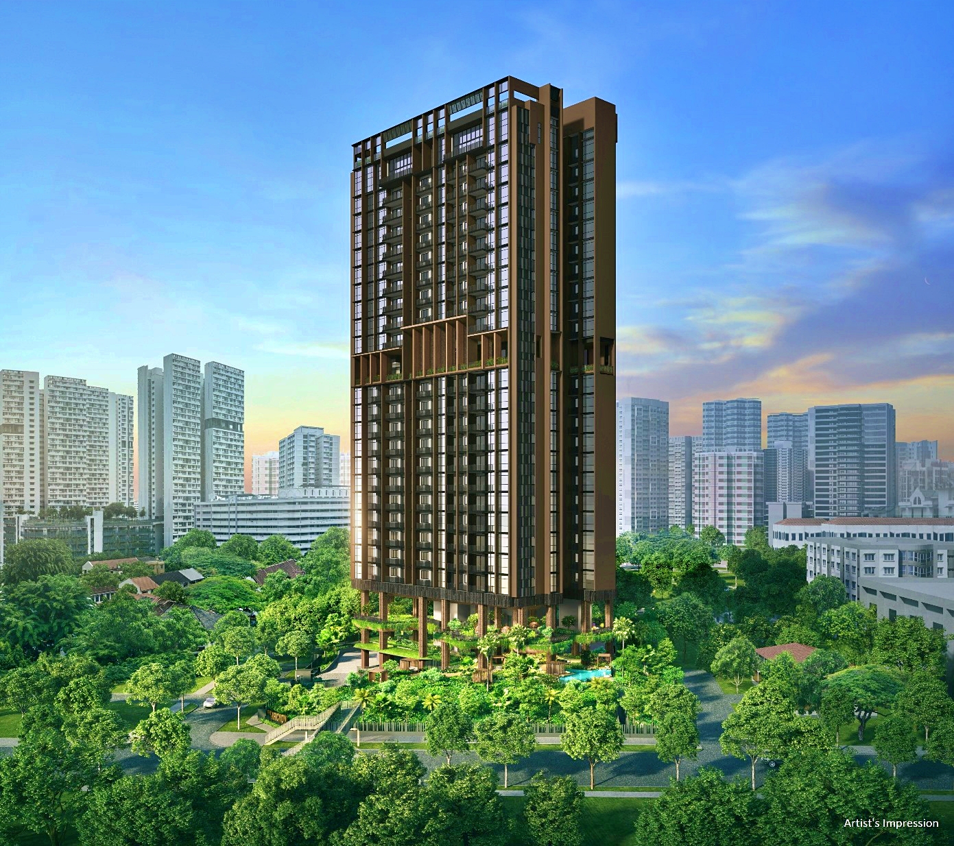 Artist's impression of The Arcady at Boon Keng, a tall residential building in Singapore, surrounded by lush greenery and cityscape.