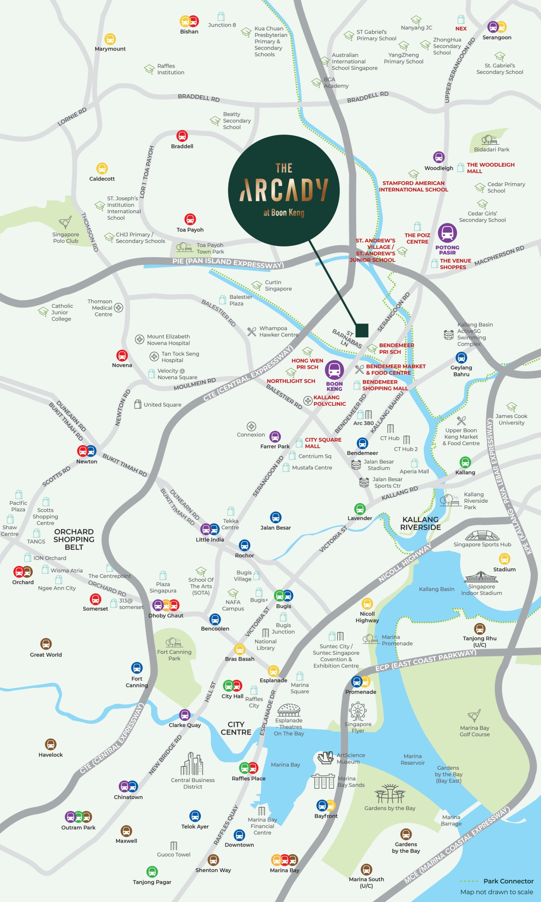 Map of Singapore highlighting the location of The Arcady at Boon Keng, surrounded by neighborhoods, roads, parks, schools, and other points of interest.