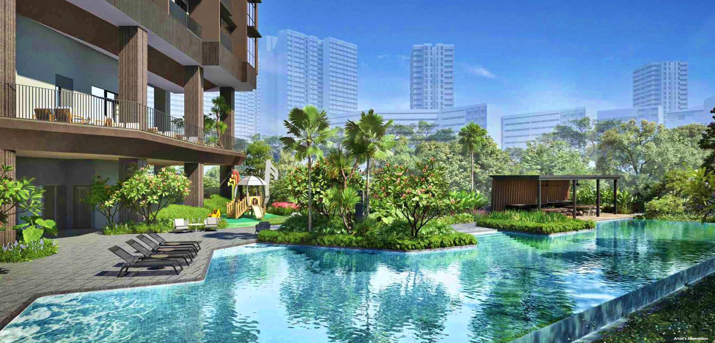 Artist's impression of a residential building with a swimming pool, landscaped garden, and children's playground.