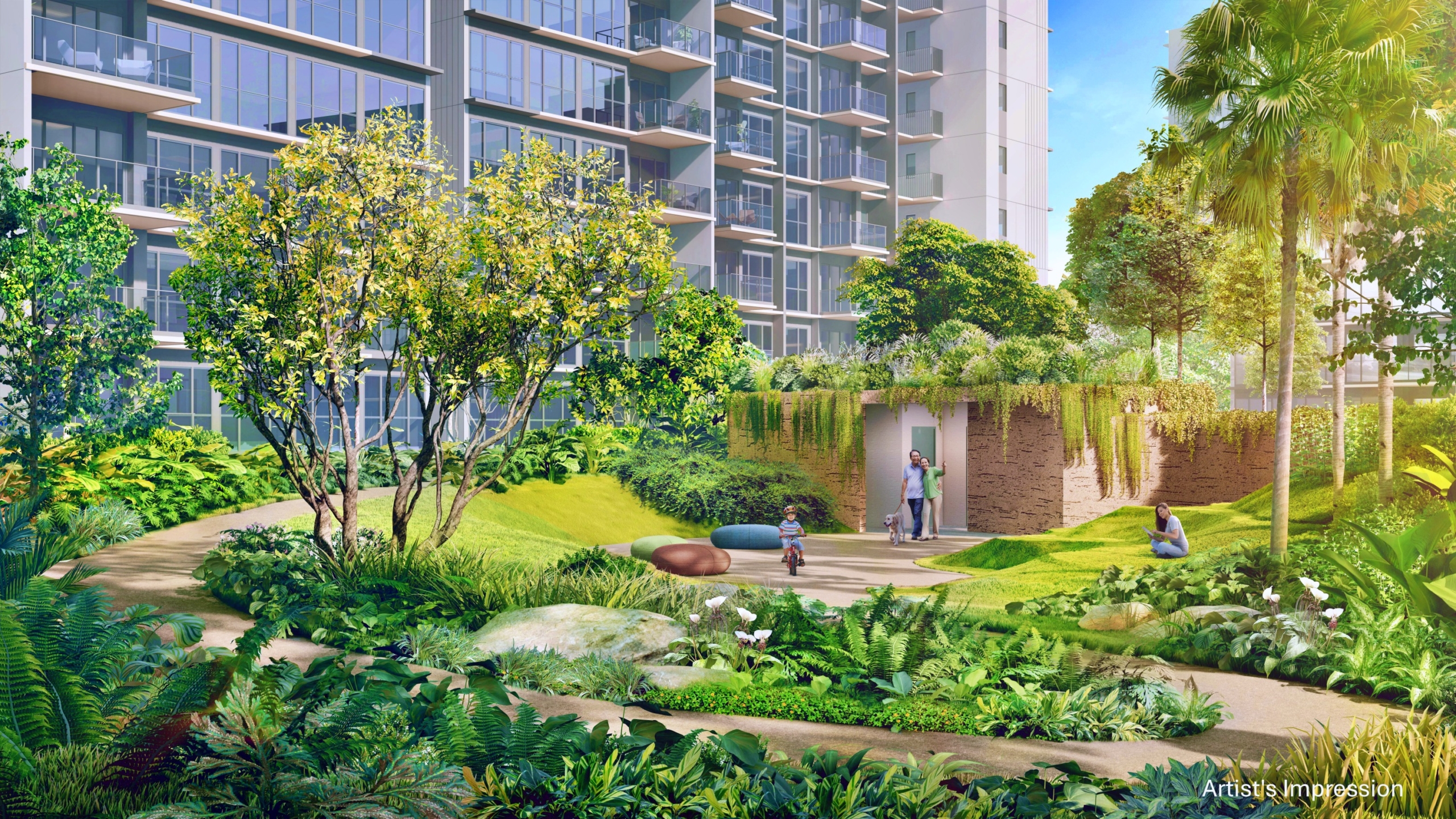 An architectural rendering of a landscaped garden area at Parktown Residence, featuring a winding pathway, lush greenery, and residents enjoying the space. A modern residential building with large windows is visible in the background. The text "Artist's Impression" is in the bottom right corner.