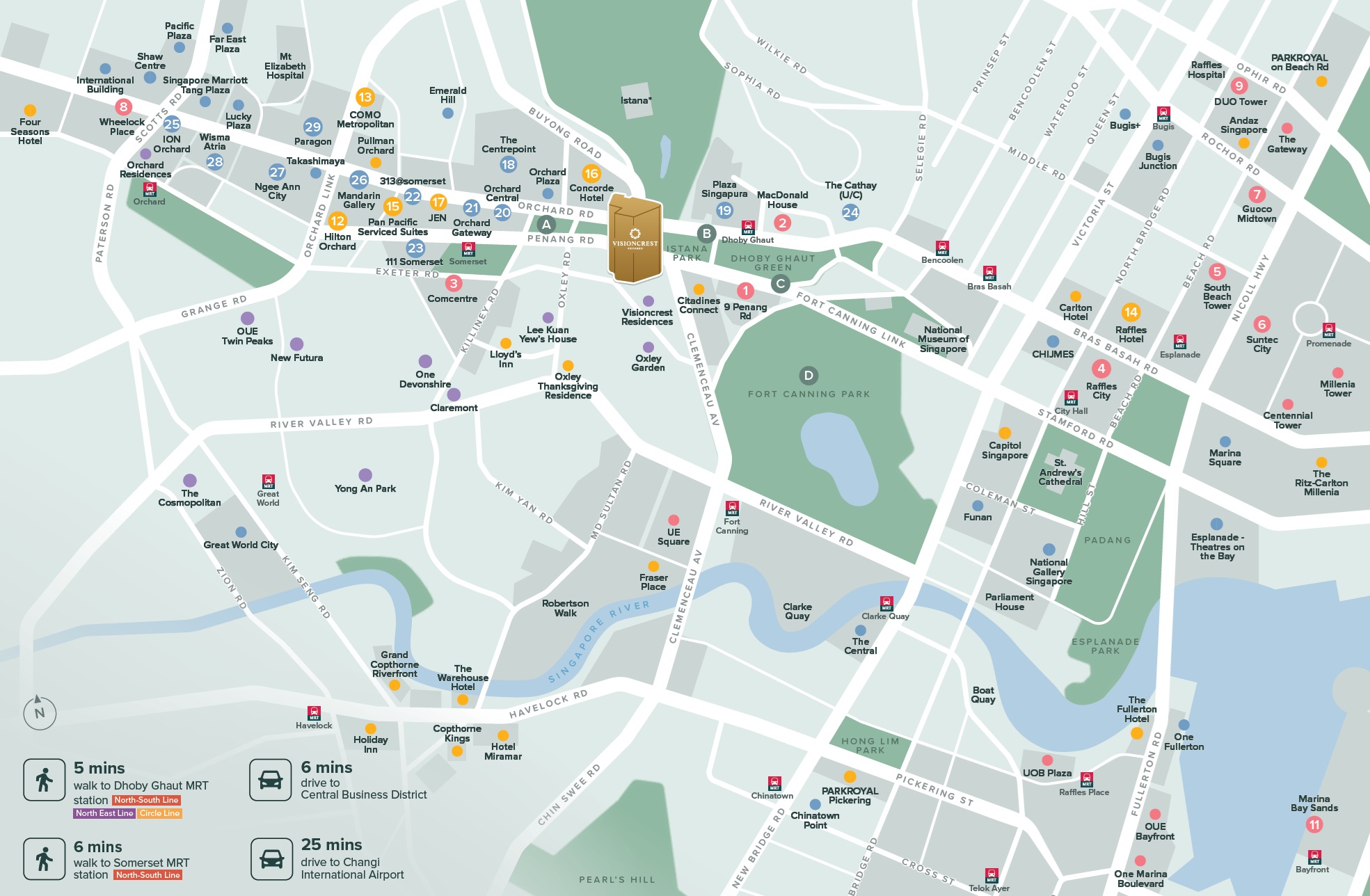 A detailed map of an urban area in Singapore, showing streets, buildings, parks, and landmarks. Key locations are highlighted with numbered markers. Text callouts indicate walking and driving times to various points of interest.