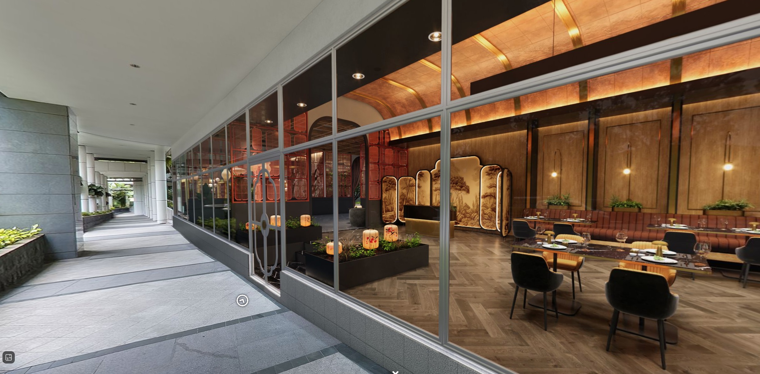 A view through large glass windows into an elegant restaurant interior. The restaurant features dark wood paneling, decorative screens, warm lighting, and upholstered seating. A paved outdoor walkway with potted plants is visible outside the window.
