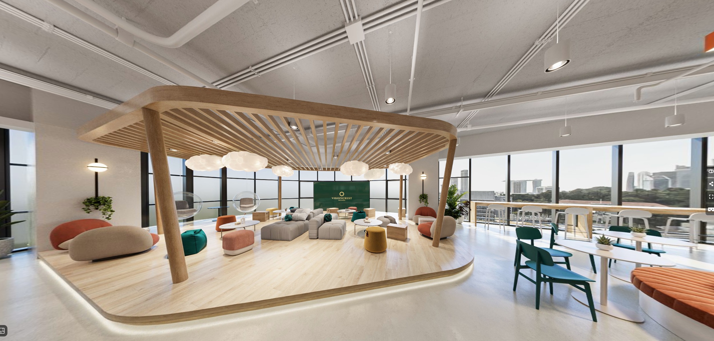 A modern office lounge with a raised wooden platform featuring soft seating arrangements, including sofas and poufs. The platform is topped with a wooden canopy and pendant lighting. Large windows offer a city view. A long communal table and additional seating are visible in the background.