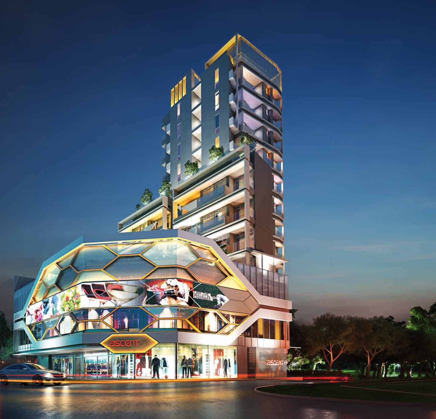 Architectural rendering of the commercial podium of Ascent@456, featuring a honeycomb-patterned facade and street-level retail spaces.