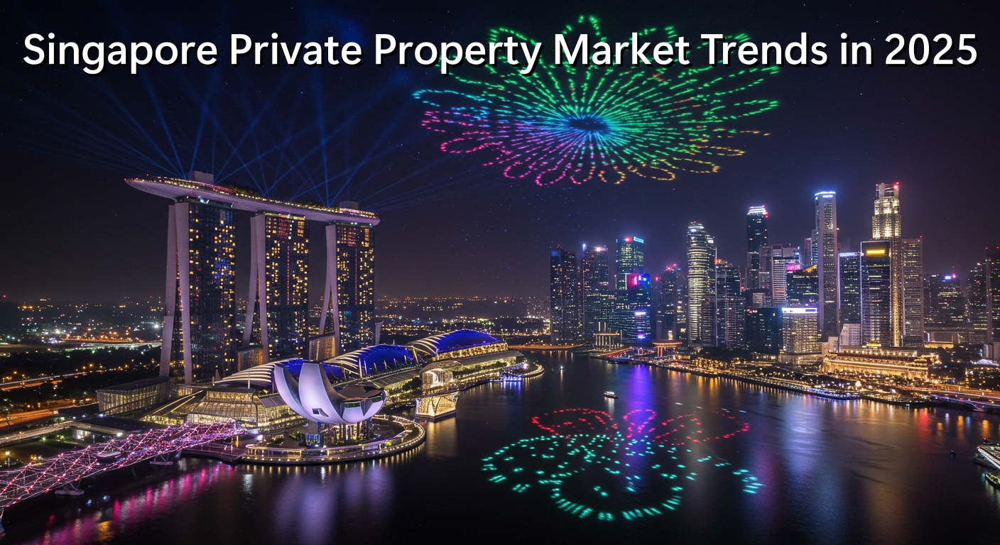A nighttime view of Marina Bay, Singapore, featuring the Marina Bay Sands hotel on the left, a city skyline in the background, and a colorful fireworks display in the sky above the bay. Text overlay reads "Singapore Private Property Market Trends in 2025.