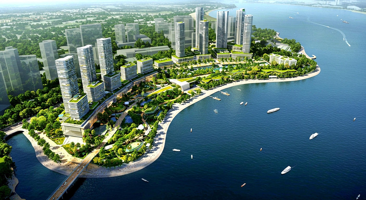 A wide aerial view of a Greater Southern Waterfront built along a curved coastline. The city features tall, slender skyscrapers with green roofs and a large park with lush trees and walking paths. The coastline is a deep blue, dotted with small white boats. A bridge spans across the bottom left corner of the image.