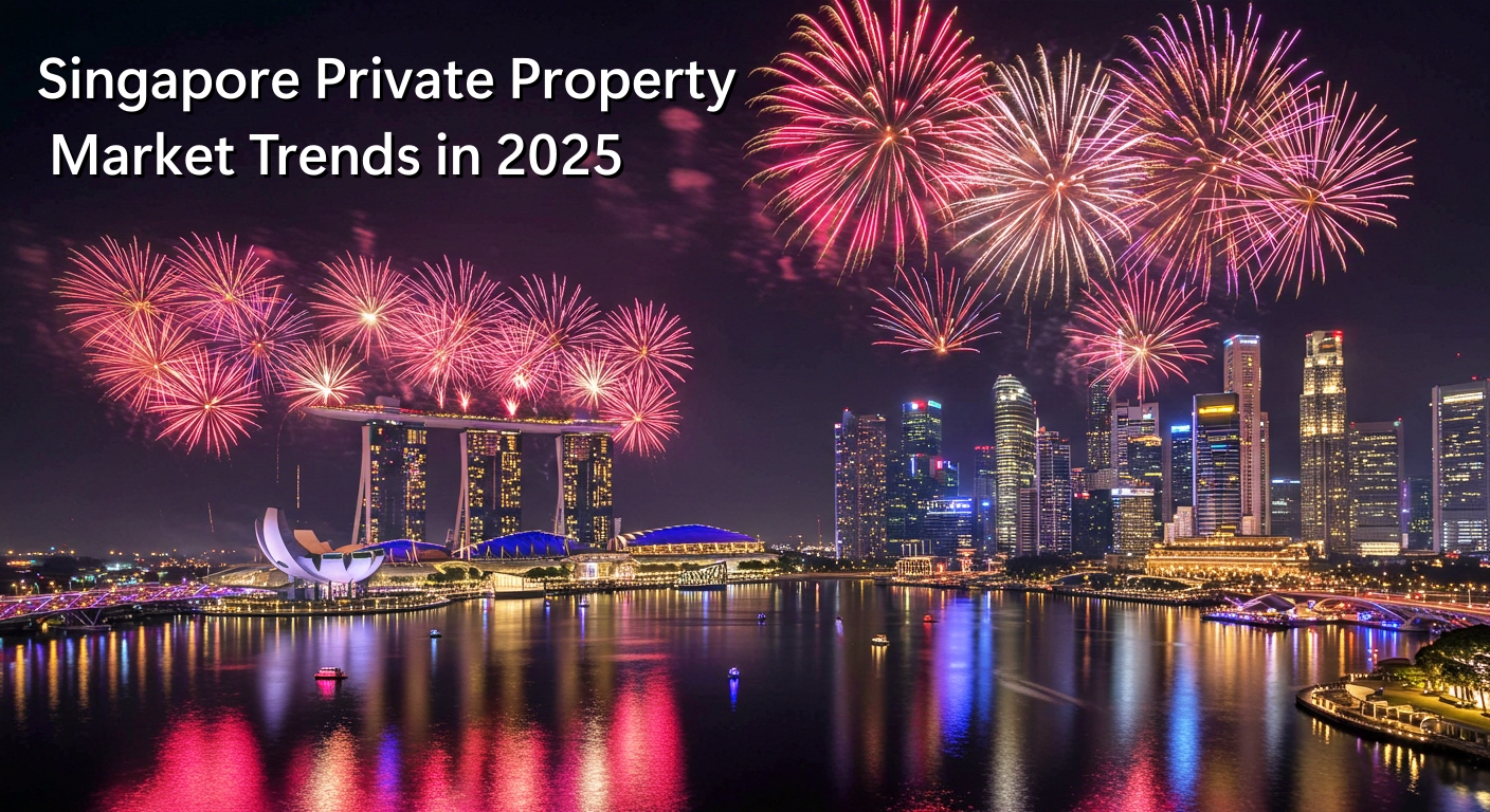 A nighttime view of Singapore's Marina Bay, featuring the Marina Bay Sands hotel on the left, a city skyline in the background, and a colorful fireworks display in the sky above the bay. Text overlay reads "Singapore Private Property Market Trends in 2025.